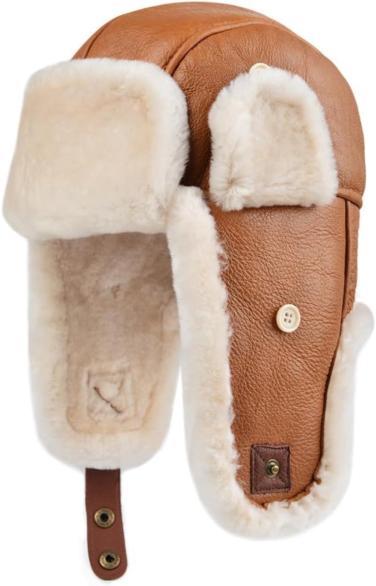 Lamsvacht Shearling wintermuts voor heren en dames, echt leer, trappermuts, pilotenmuts, Aviatormuts, Ushanka, bomberhoed met oorkleppen, CU603EU
