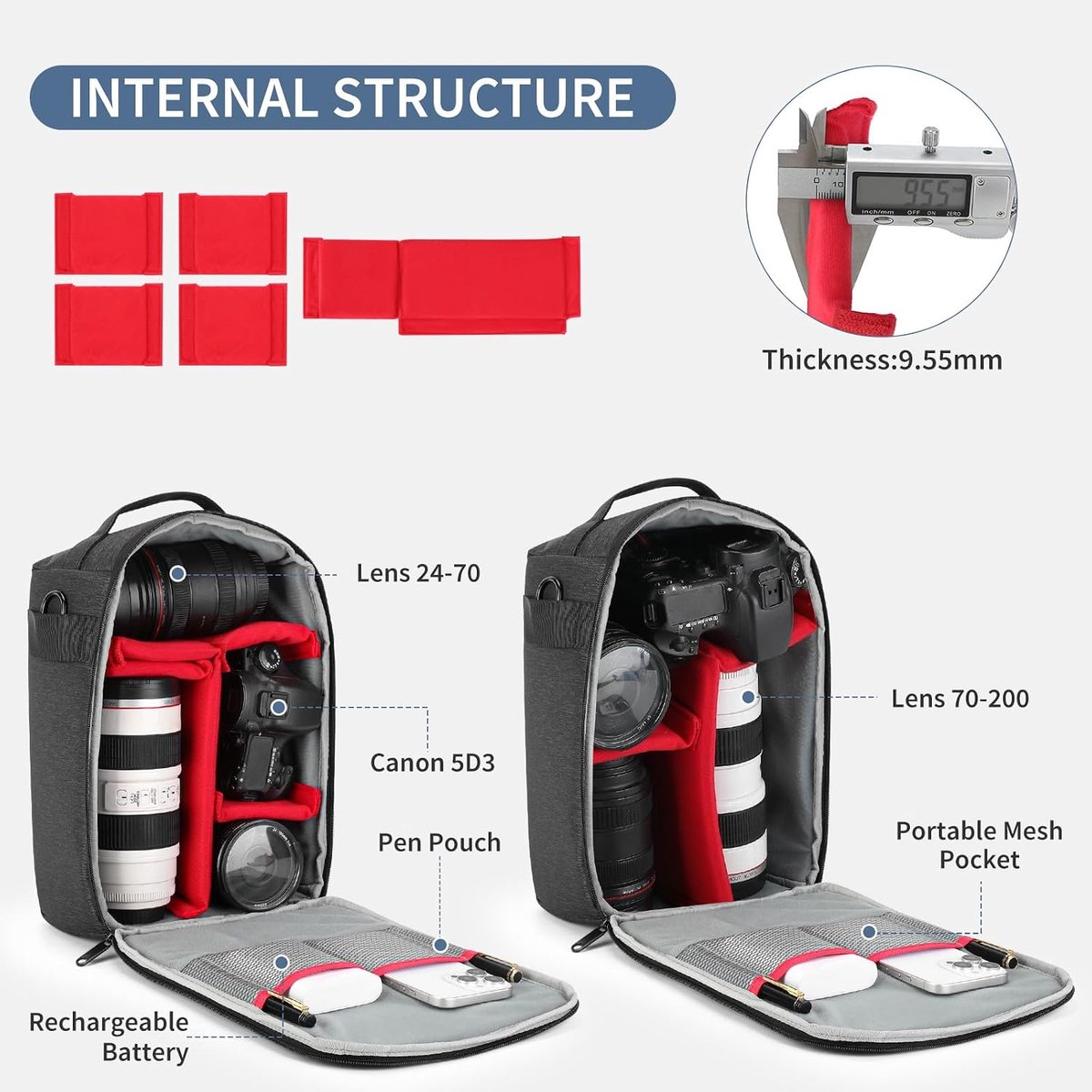 Camera Insert Bag Divider Camera Lens Bag voor DSLR SLR Camera's etc, Lenzen, Flashes- Maak uw eigen cameratas, Grijs, 13" x 5" x 9"