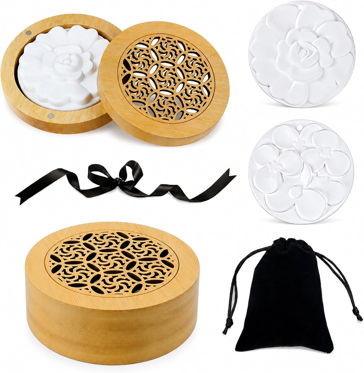 Set met Bamboe Doos, 1 geursteen zonder geur + opbergzakje en koord
