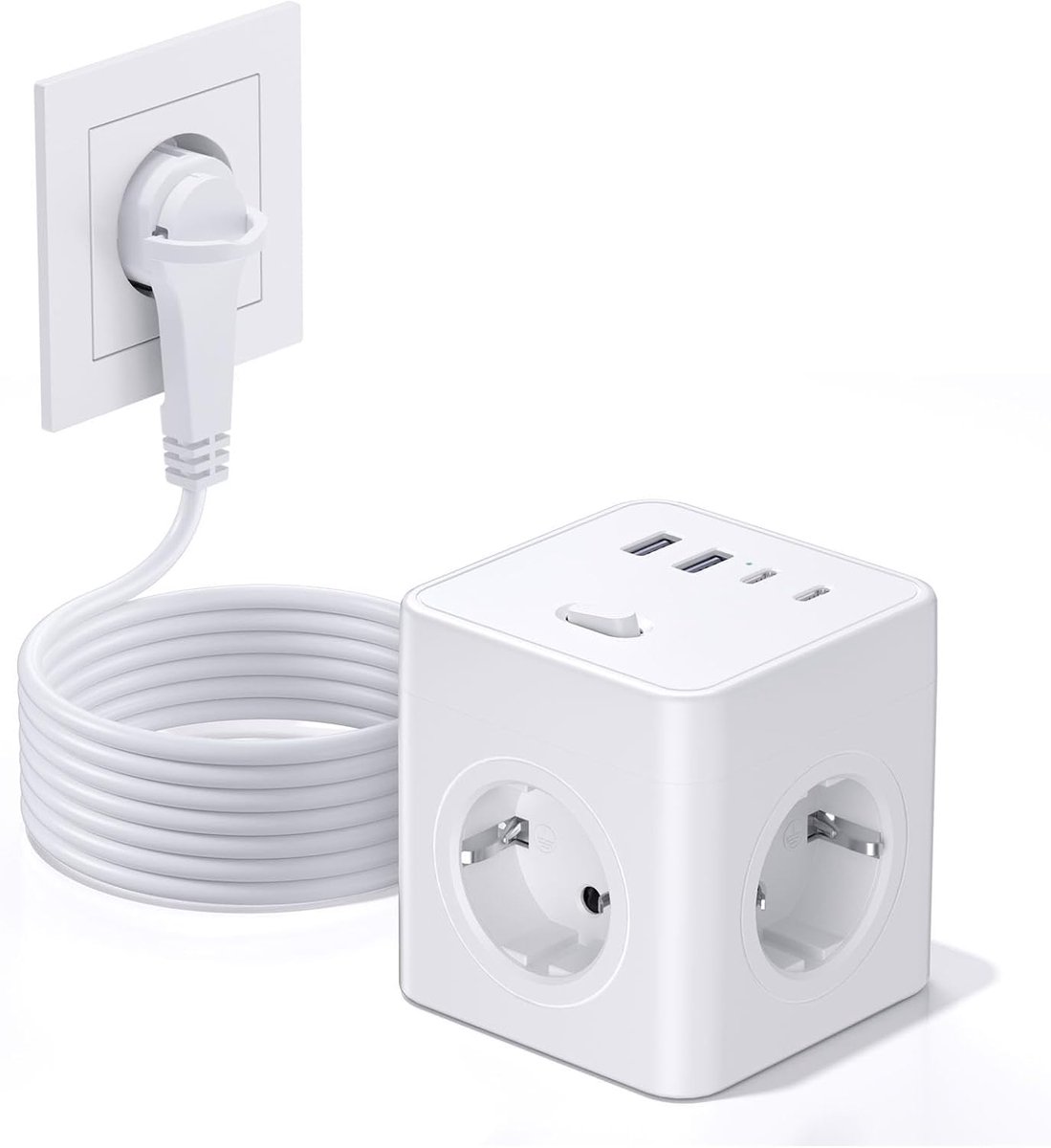 Stekkerkubus met USB, 8-in-1 stekkerdoos, platte stekker met schakelbaar, 4-voudige stekkerdoos met 4 USB, meervoudige stekkerdoos met trekring, 1.5M kabel voor thuis/kantoor/reizen, wit