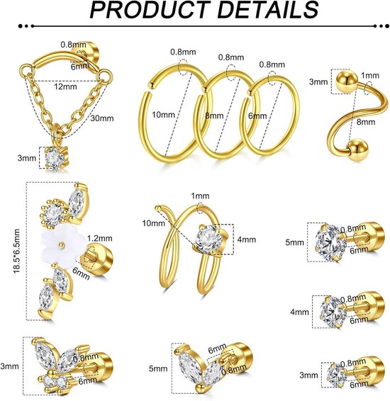 12 stuks platte back oorbellen hoepenset, roestvrij staal, cartilage — afbeelding 2