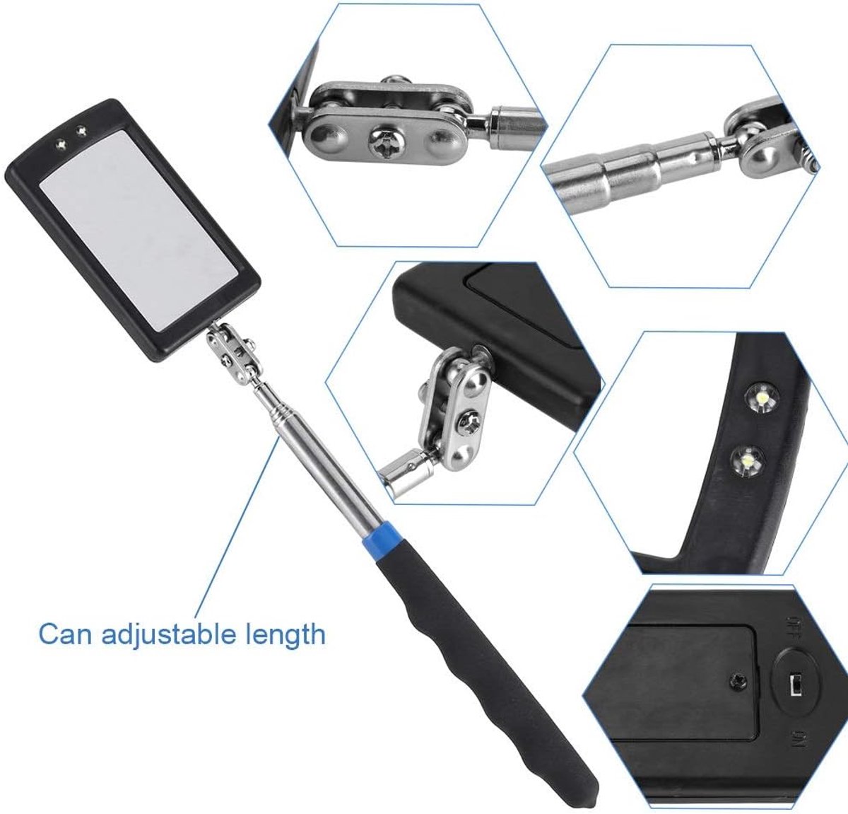 Gereedschapsspiegel, flexibele en telescopische inspectiespiegel met led-verlichting, 360 graden draaibaar uitbreidingsgereedschap voor machine-instrumenten, inspecteurs en monteurs