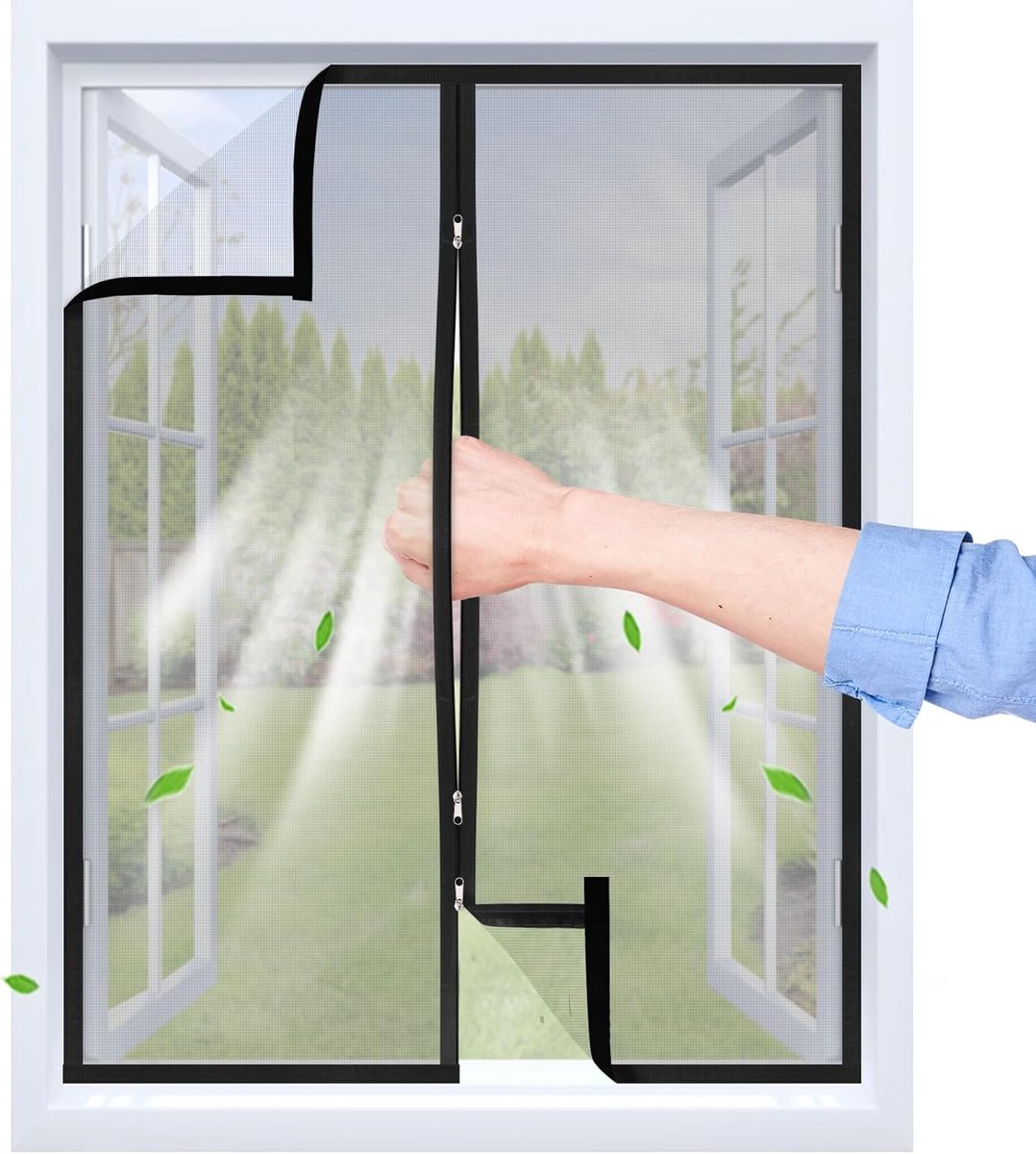 SnelShoppen - Vliegenraam voor Vensters met 2-Weg Rits, Zwart, 70 x 130 cm | Transparante Lijmtape, Ademend PP-Materiaal, Herbruikbaar en Wasbaar