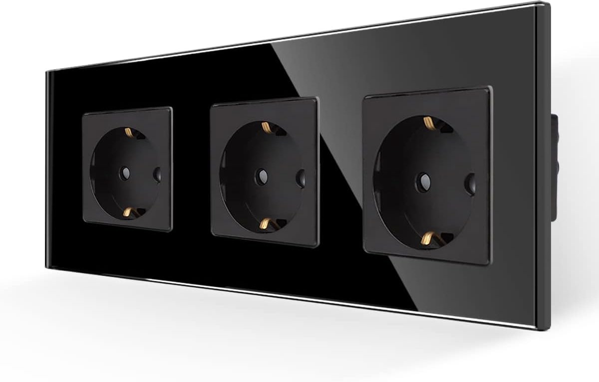 stopcontact drievoudig in zwart, 16Amp glas Schuko stopcontacten