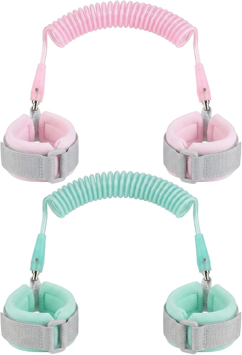 SnelShoppen - 2 x Veiligheidsgordels voor Kinderen, 2 Meter, Draaibaar, Veiligheidsarmband voor Baby's, Roze en Groen, Ideaal voor Reizen, Supermarkt