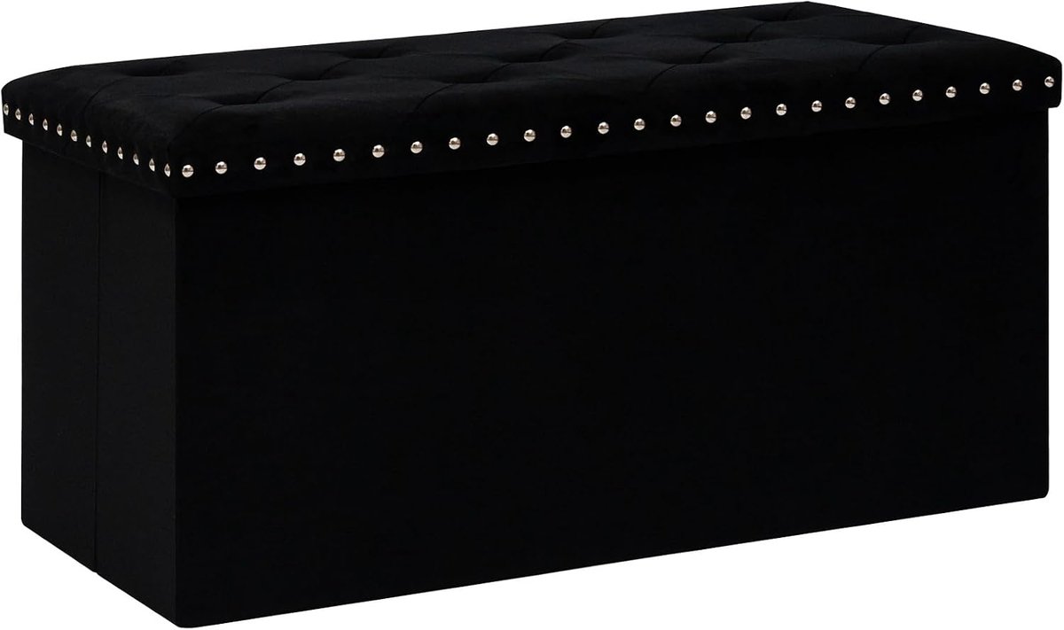 SnelShoppen - Vouwkruk met Opbergbak, Zitting Cube, Voetensteun, Gevoerde Zitting, Zwart, Velvet, 76 x 38 x 38 cm - Ruimtebesparend, Decoratief, Voor