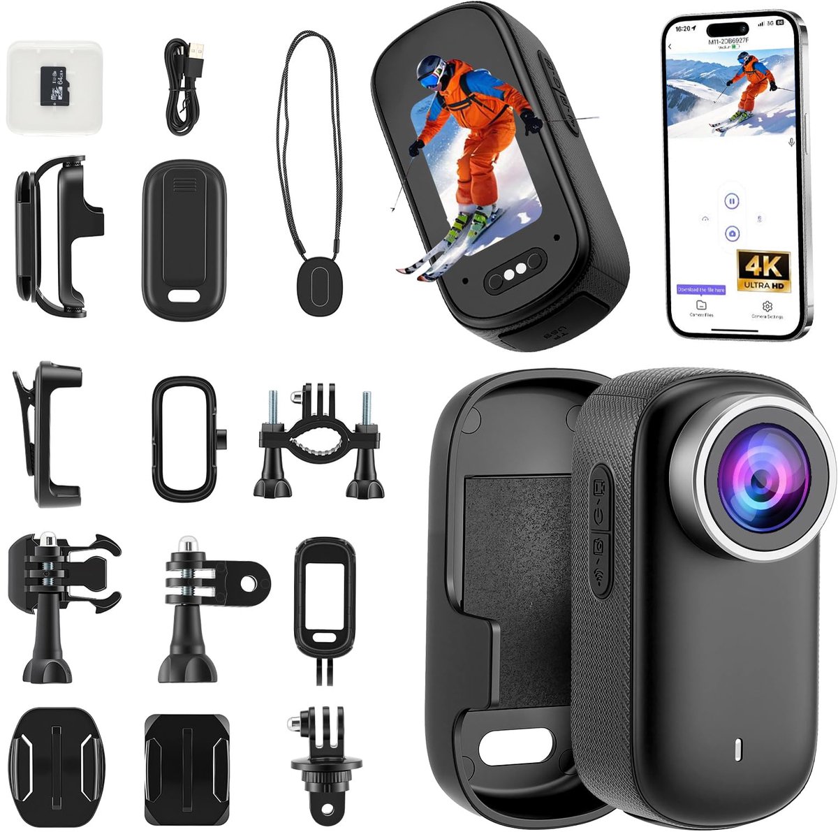 SnelShoppen - VeftBltrem 4K Actiecamera met 180° Draaibaar Scherm, Magnetische Handsfree POV-camera, 64 GB Kaart, 30 m Waterdichte Onderwatercamera vo