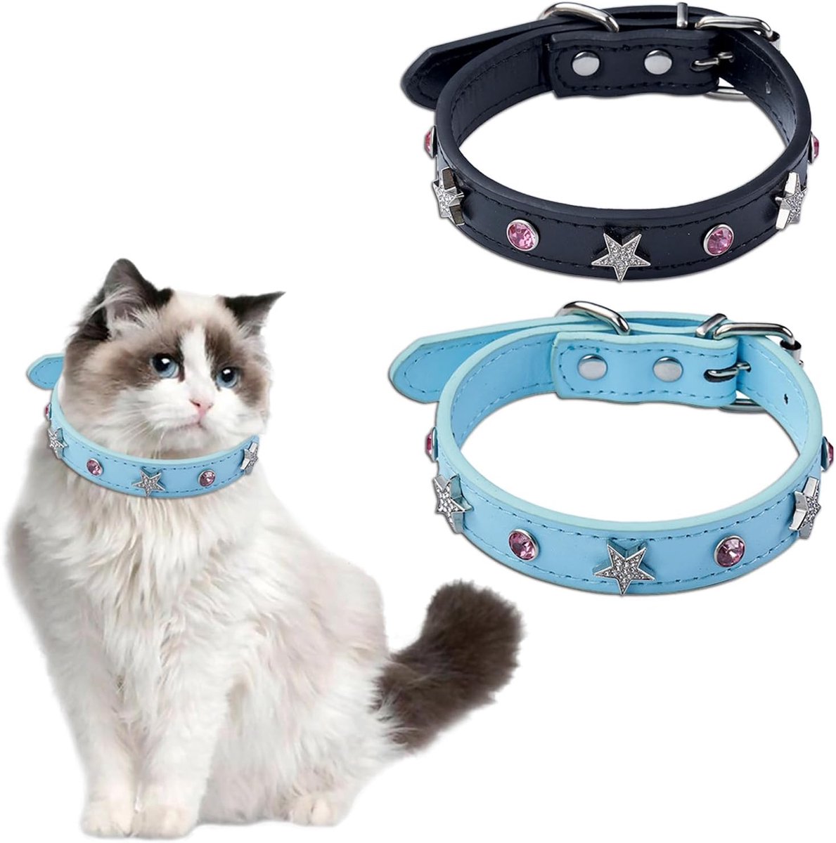 Kattenhalsband fonkelende stervormig - verstelbaar PU-leer - met roze strass-steentjes - ShopVlot