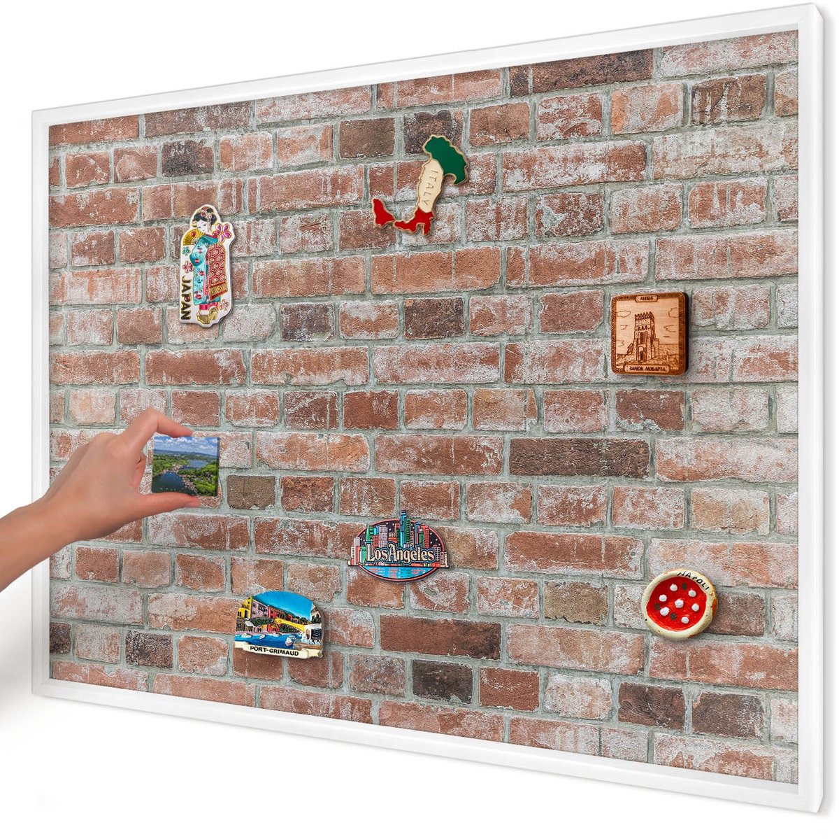 Artprintcave Rood Magneetbord mit Witte Lijst - 100x70 cm - Bakstenen Muur Magneetbord Voor Foto's - Industrieel/Loft Wandbord Magnetisch - Texturen