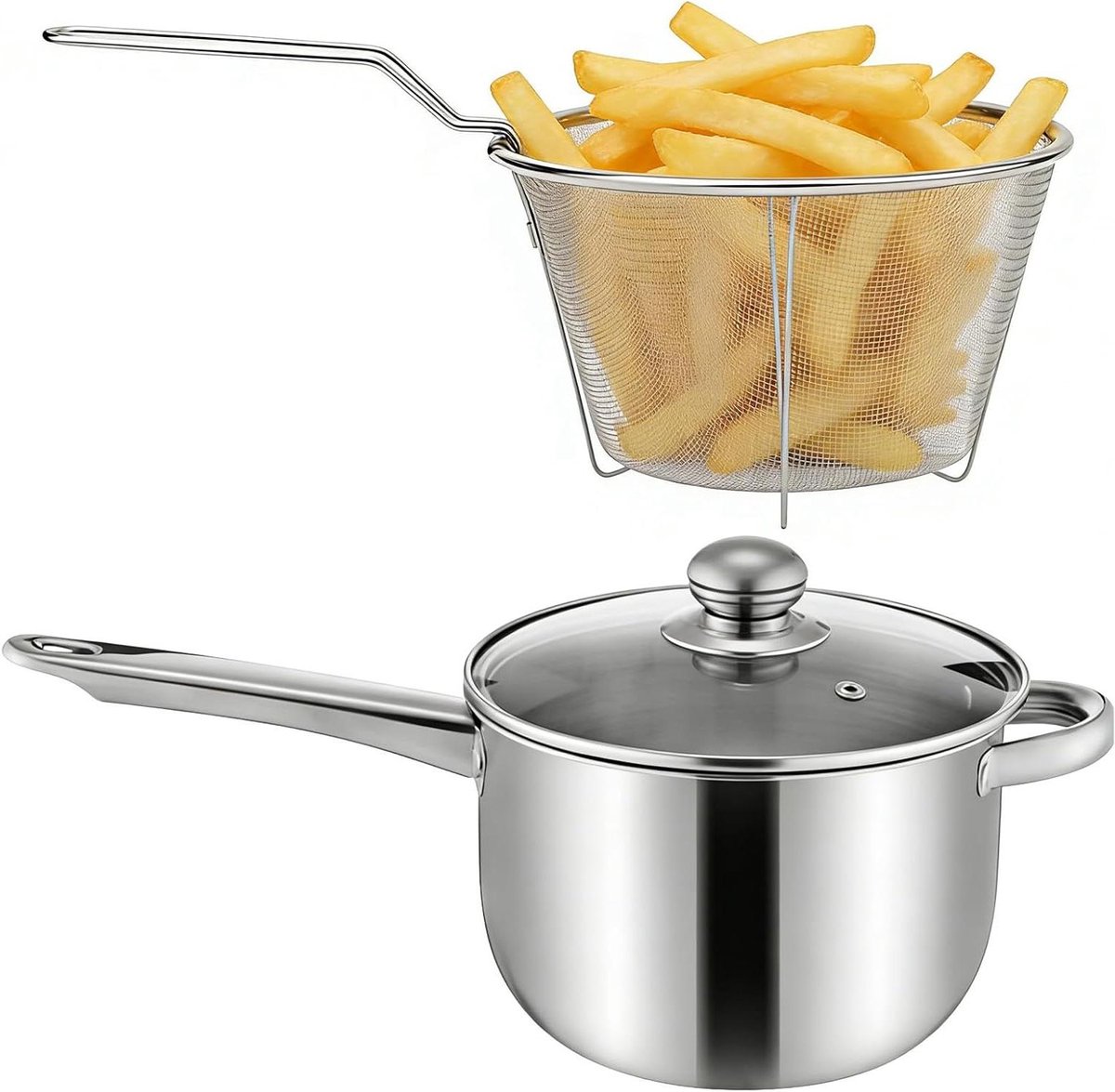 RVS Frituurpan - Frituurpan met mandje - Lekker Frituren - Antiaanbaklaag - 38x13x19.5cm - Zilver