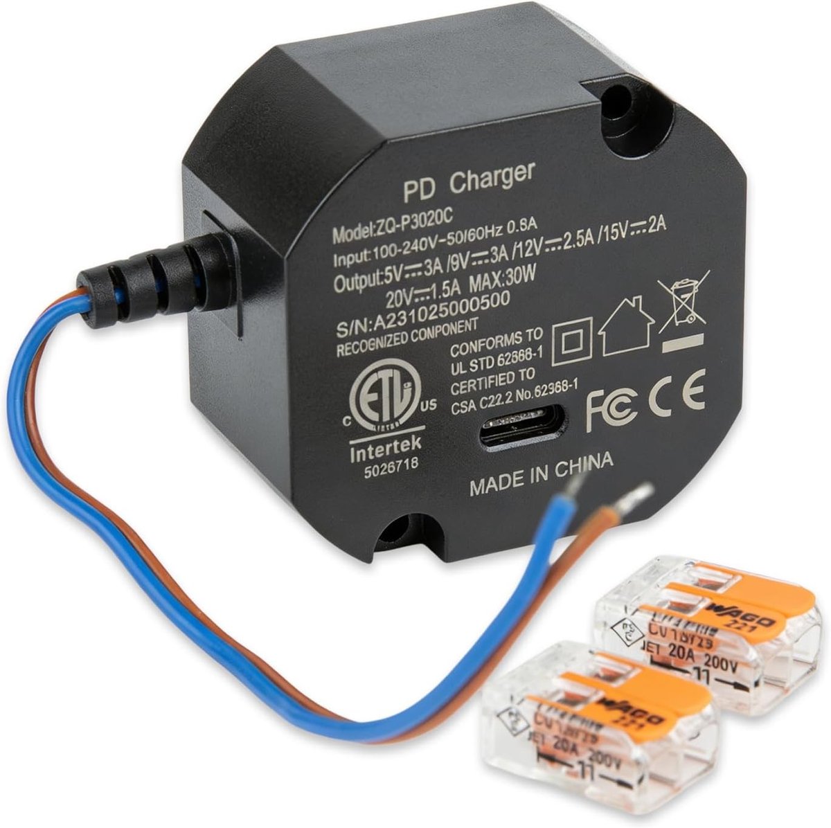 30W USB Type C Voeding: Inbouwdoos met Auto-Negotiation, 100~240V AC, 5V tot 20V Output, Ideaal voor Snelladen en Thuisgebruik