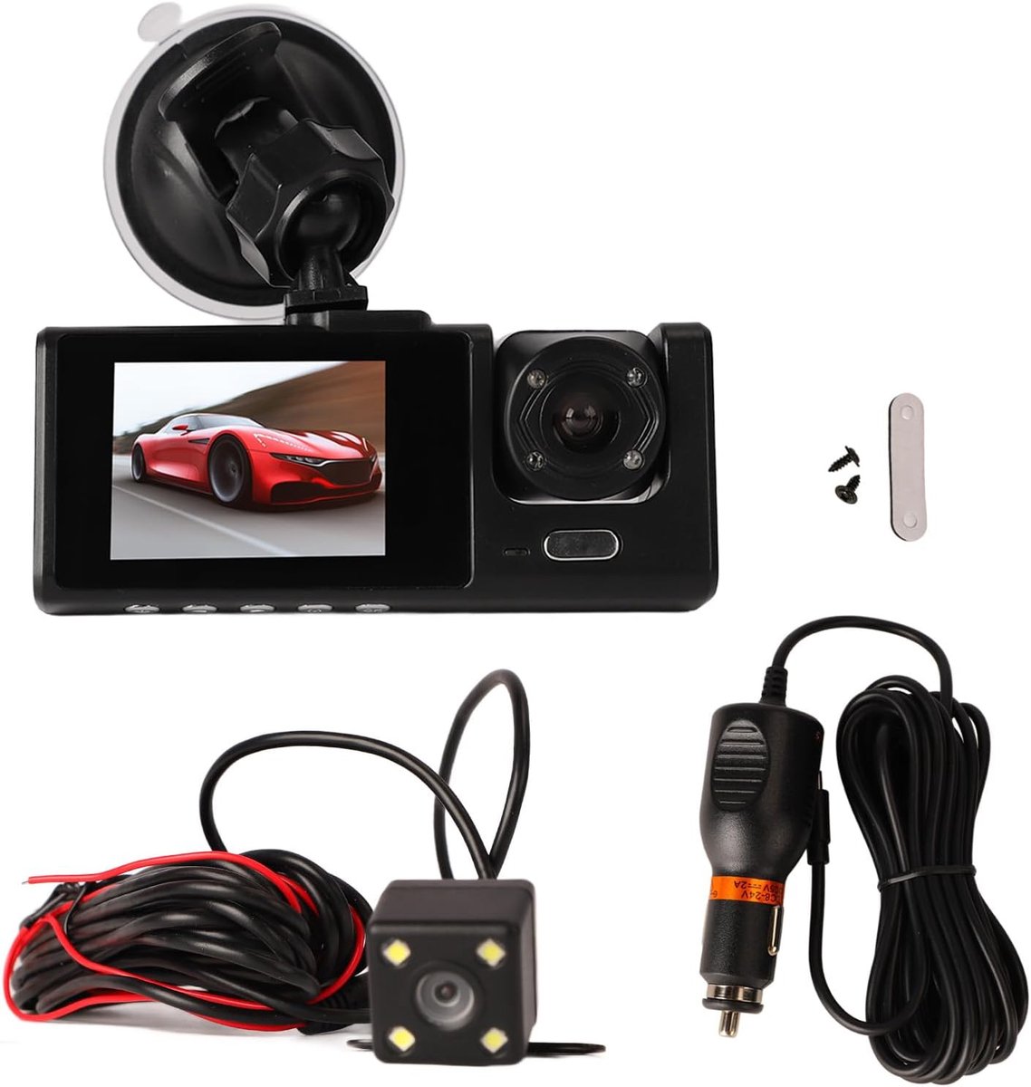 SnelShoppen - Dash Camera 1080p Full HD 3-Weg Triple Autocamera Met 170° Hoek Voor Binnen En Buiten De Auto DVR Voor Veilig Rijden