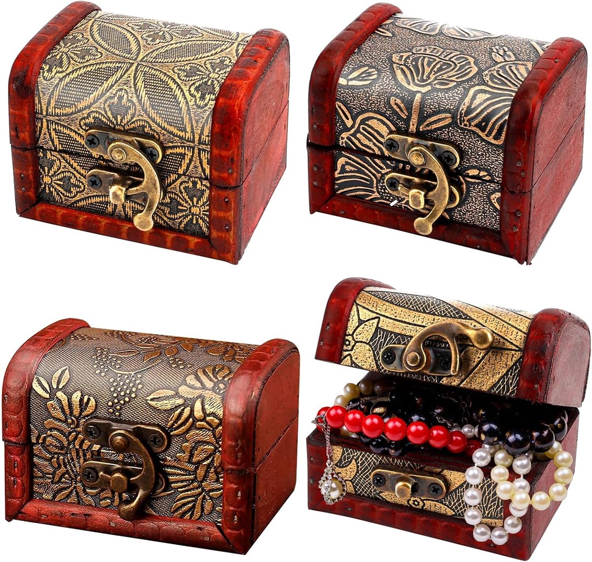 SnelShoppen - Set van 4 Mini Schatkisten, Vintage Houten Opbergdoos, Kleine Piraten Schatkist voor het Opslaan van Kettingen, Armbanden, Sieraden, 8 x