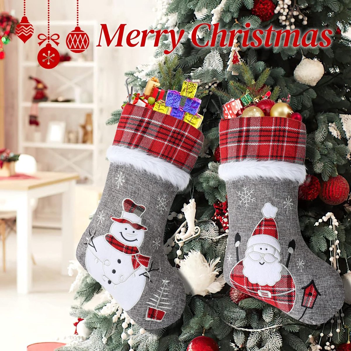 Kousen, set van 3, 45,7 cm, grote geborduurde kerstkousen met kerstman, sneeuwpop, rendier, 3D-kerstsokken voor open haard, vakantie, kerstfeestdecoraties, grijs