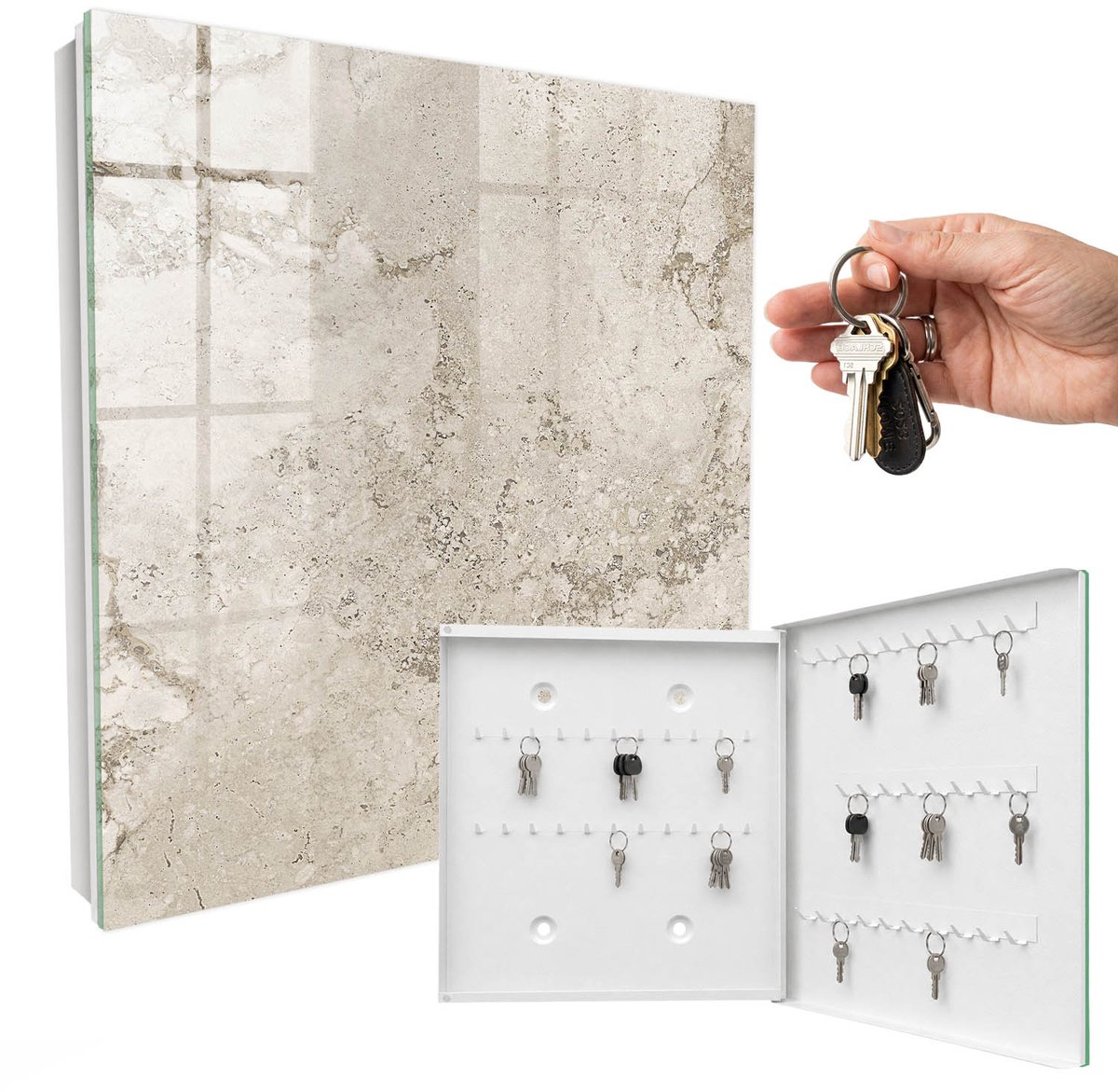 WallMuralia - Sleutelkast - 30x30x5 cm - met 50 haken - Beige Textuur Sleutelkastje - Beige Sleutelbox - Rechtsopenend - Wit interieur
