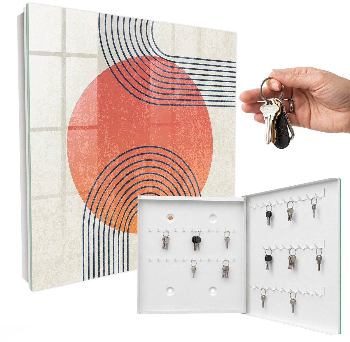 WallMuralia - Sleutelkast - 30x30x5 cm - met 50 haken - Geometrische Lijnen Sleutelkastje - Oranje Sleutelbox - Rechtsopenend - Wit interieur