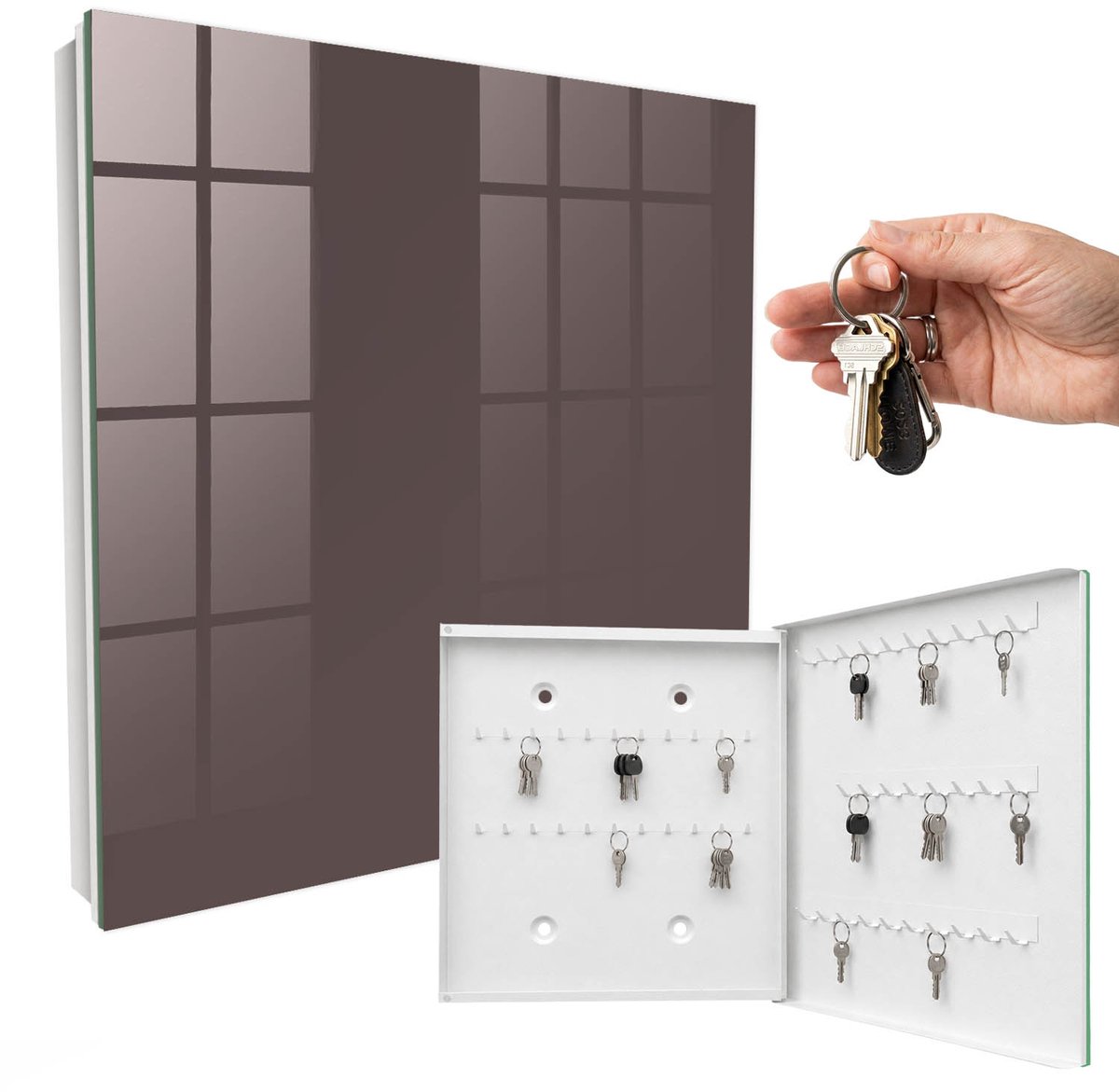 WallMuralia - Sleutelkast - 30x30x5 cm - met 50 haken - Vervaagd Bruin Sleutelkastje Hal - Bruin Sleutelbox - Rechtsopenend - Wit interieur