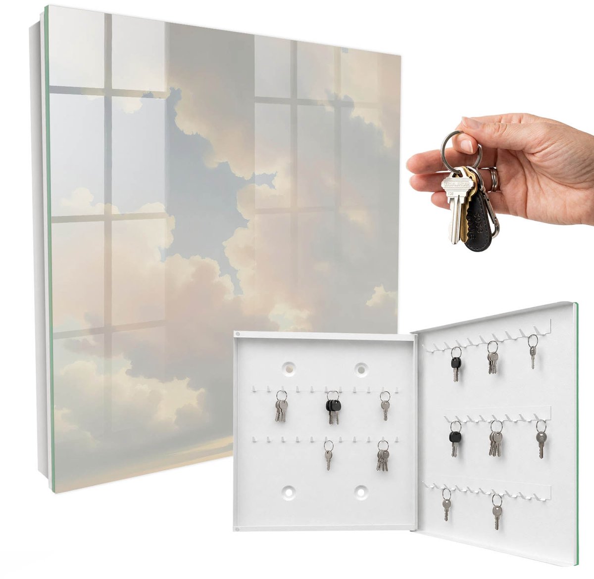 WallMuralia - Sleutelkast - 30x30x5 cm - met 50 haken - Wolken Aan De Hemel Sleutelkastje Gang - Beige Sleutelbox - Rechtsopenend - Wit interieur