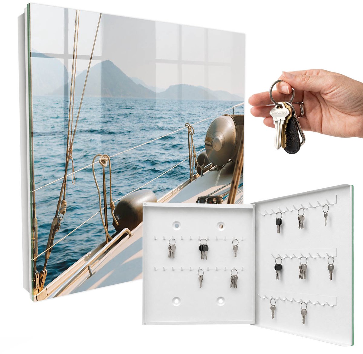 WallMuralia - Sleutelkast - 30x30x5 cm - met 50 haken - Zeereis Sleutelkastje Modern - Blauw Sleutelbox - Rechtsopenend - Wit interieur