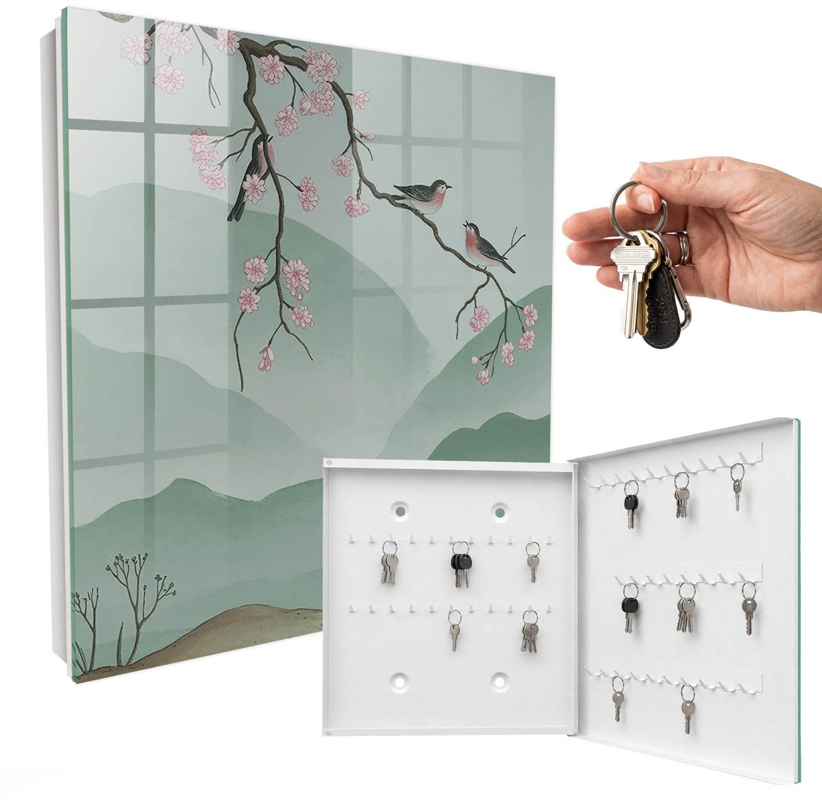 WallMuralia - Sleutelkast - 30x30x5 cm - met 50 haken - Vogels En Bloemen Leuk Sleutelkastje - Groente Sleutelbox - Rechtsopenend - Wit interieur