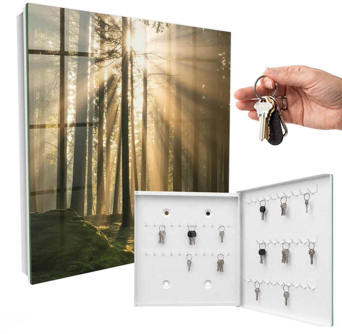 WallMuralia - Sleutelkast - 30x30x5 cm - met 50 haken - Boslicht Sleutelkastje Design - Groente Sleutelbox - Rechtsopenend - Wit interieur