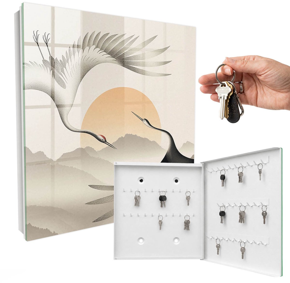 WallMuralia - Sleutelkast - 30x30x5 cm - met 50 haken - Japanse Kraanvogels Tegen De Achtergrond Van De Opkomende Zon. Sleutelkastje Modern - Grijs Sleutelbox - Rechtsopenend - Wit interieur