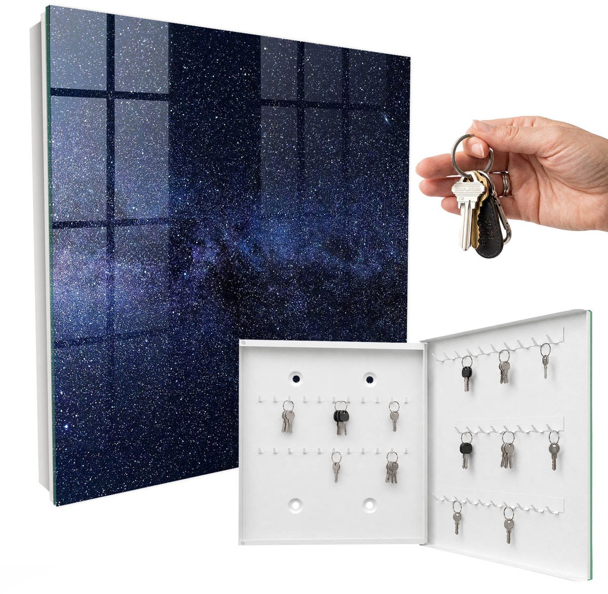 WallMuralia - Sleutelkast - 30x30x5 cm - met 50 haken - Nachtelijke Hemel Sleutelkastje Hal - Zwart Sleutelbox - Rechtsopenend - Wit interieur