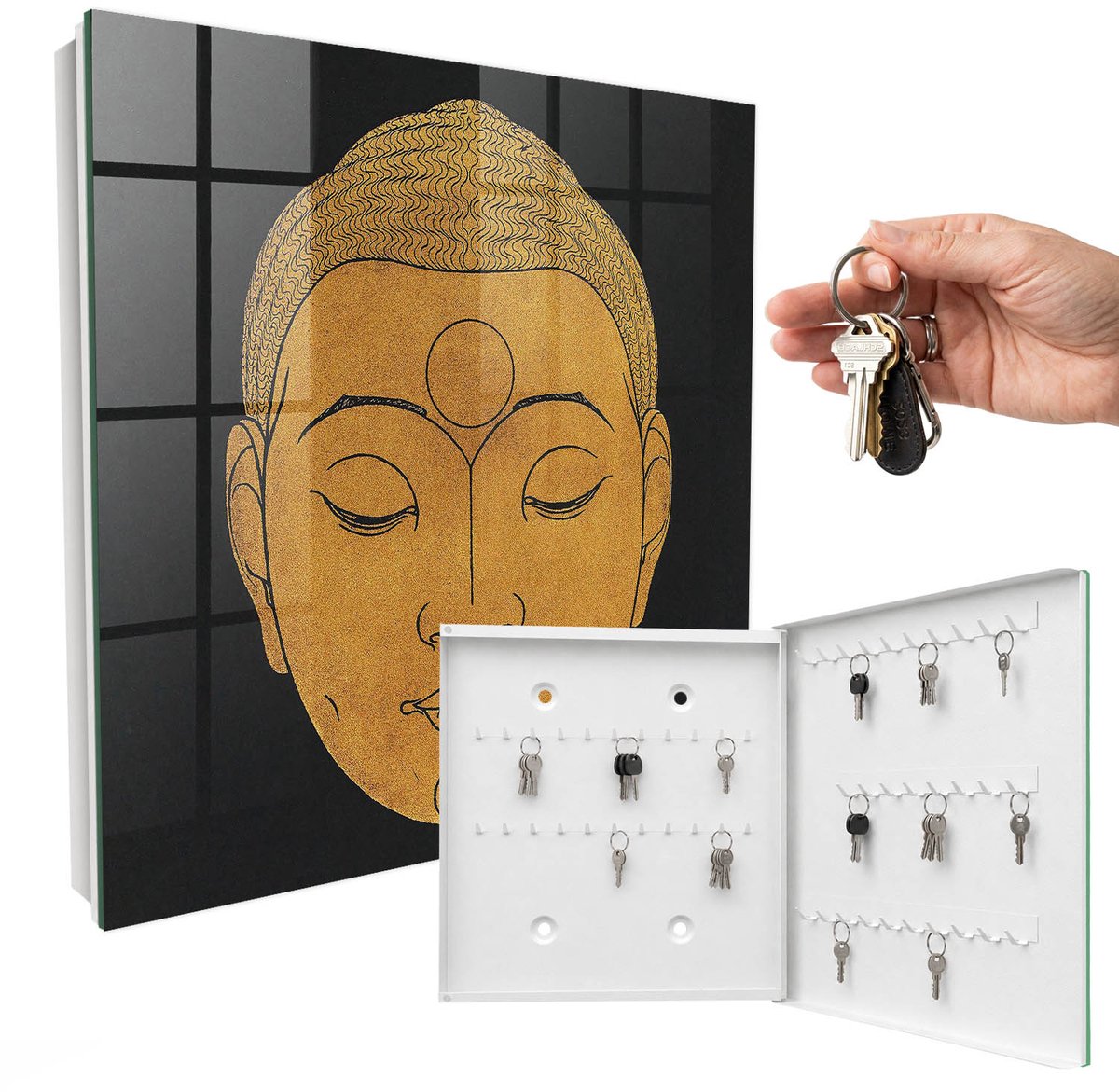WallMuralia - Sleutelkast - 30x30x5 cm - met 50 haken - Stille Meditatie Sleutelkastje Voor Binnen - Zwart Sleutelbox - Rechtsopenend - Wit interieur