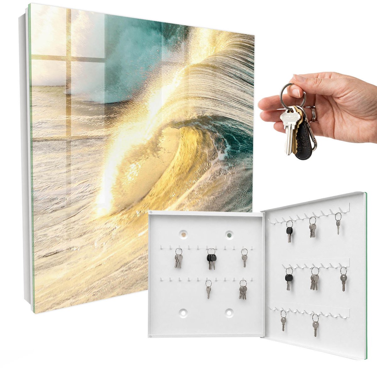 WallMuralia - Sleutelkast - 30x30x5 cm - met 50 haken - Zeegolf Groot Sleutelkastje - Geel Sleutelbox - Rechtsopenend - Wit interieur
