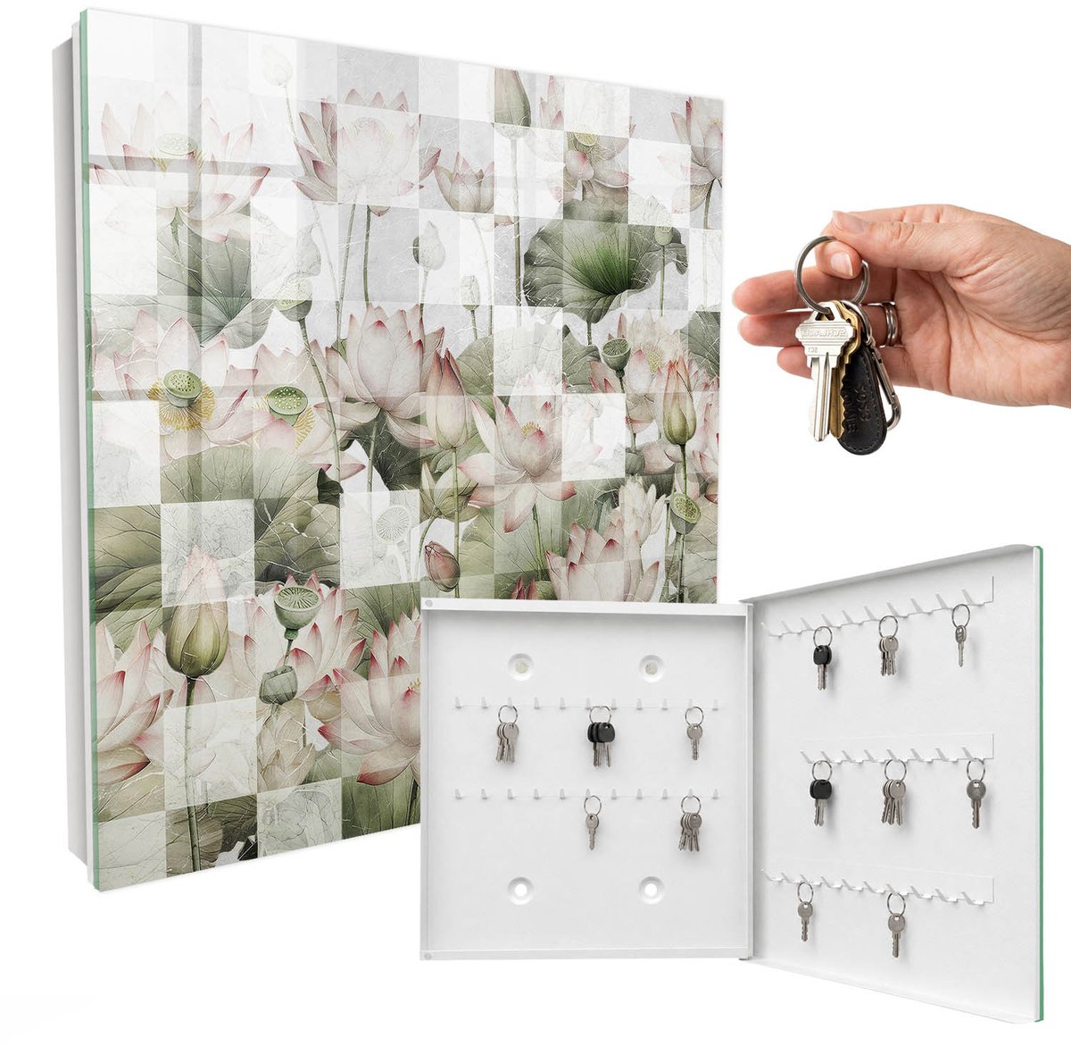 WallMuralia - Sleutelkast - 30x30x5 cm - met 50 haken - Geometrische Lelies Sleutelkastje Huis - Groente Sleutelbox - Rechtsopenend - Wit interieur