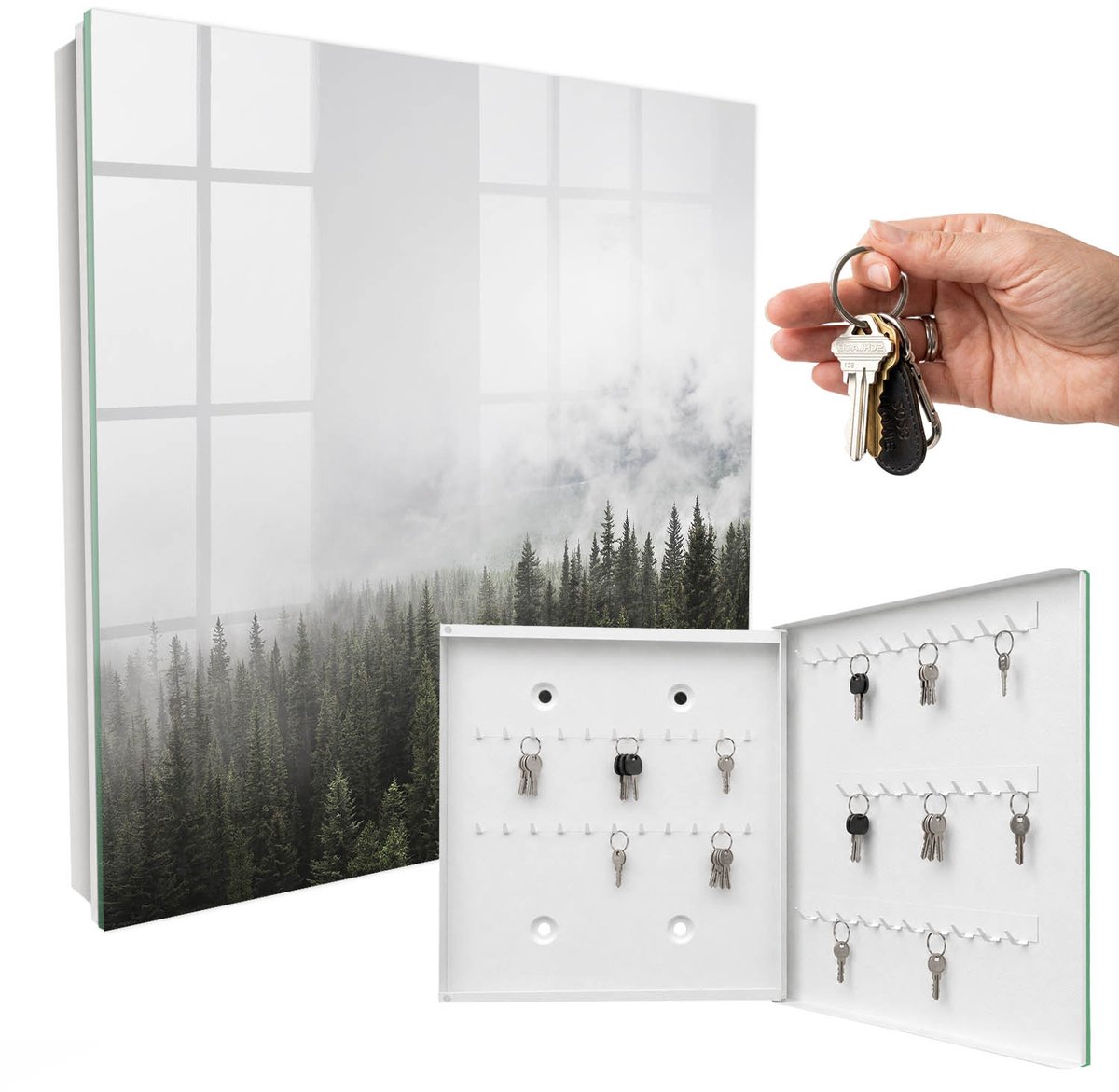 WallMuralia - Sleutelkast - 30x30x5 cm - met 50 haken - Mistige Dennen Sleutelkastje Klein - Wit Sleutelbox - Rechtsopenend - Wit interieur
