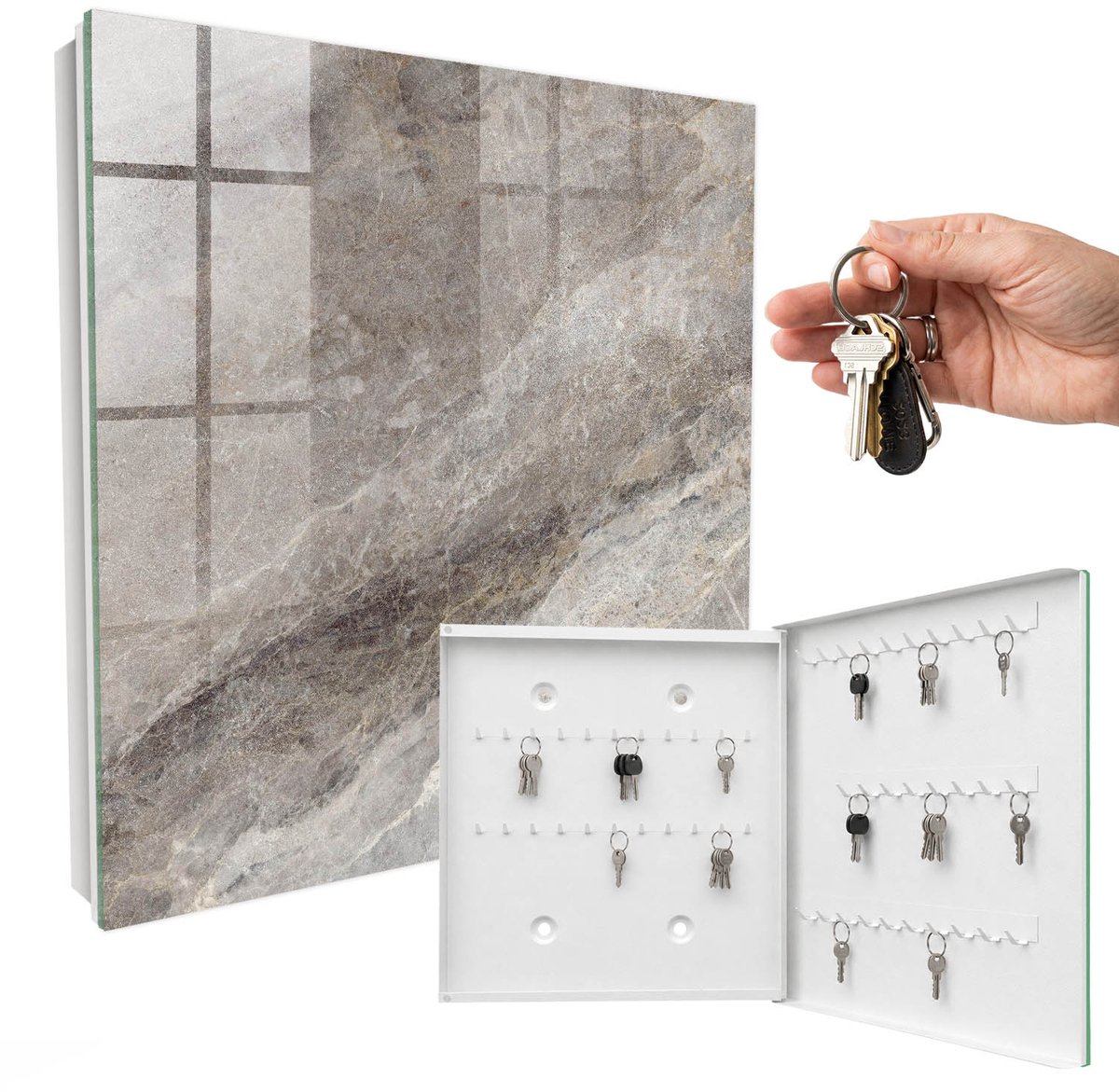 WallMuralia - Sleutelkast - 30x30x5 cm - met 50 haken - Steenstructuur Sleutelkastje Gang - Grijs Sleutelbox - Rechtsopenend - Wit interieur