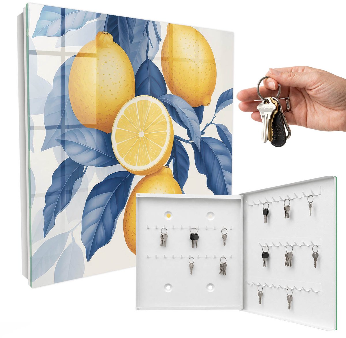 WallMuralia - Sleutelkast - 30x30x5 cm - met 50 haken - Citroen Charm Sleutelkastje Design - Geel Sleutelbox - Rechtsopenend - Wit interieur