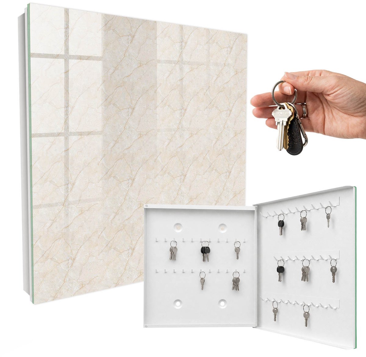 WallMuralia - Sleutelkast - 30x30x5 cm - met 50 haken - Marmeren Elegantie Sleutelkastje Gang - Beige Sleutelbox - Rechtsopenend - Wit interieur
