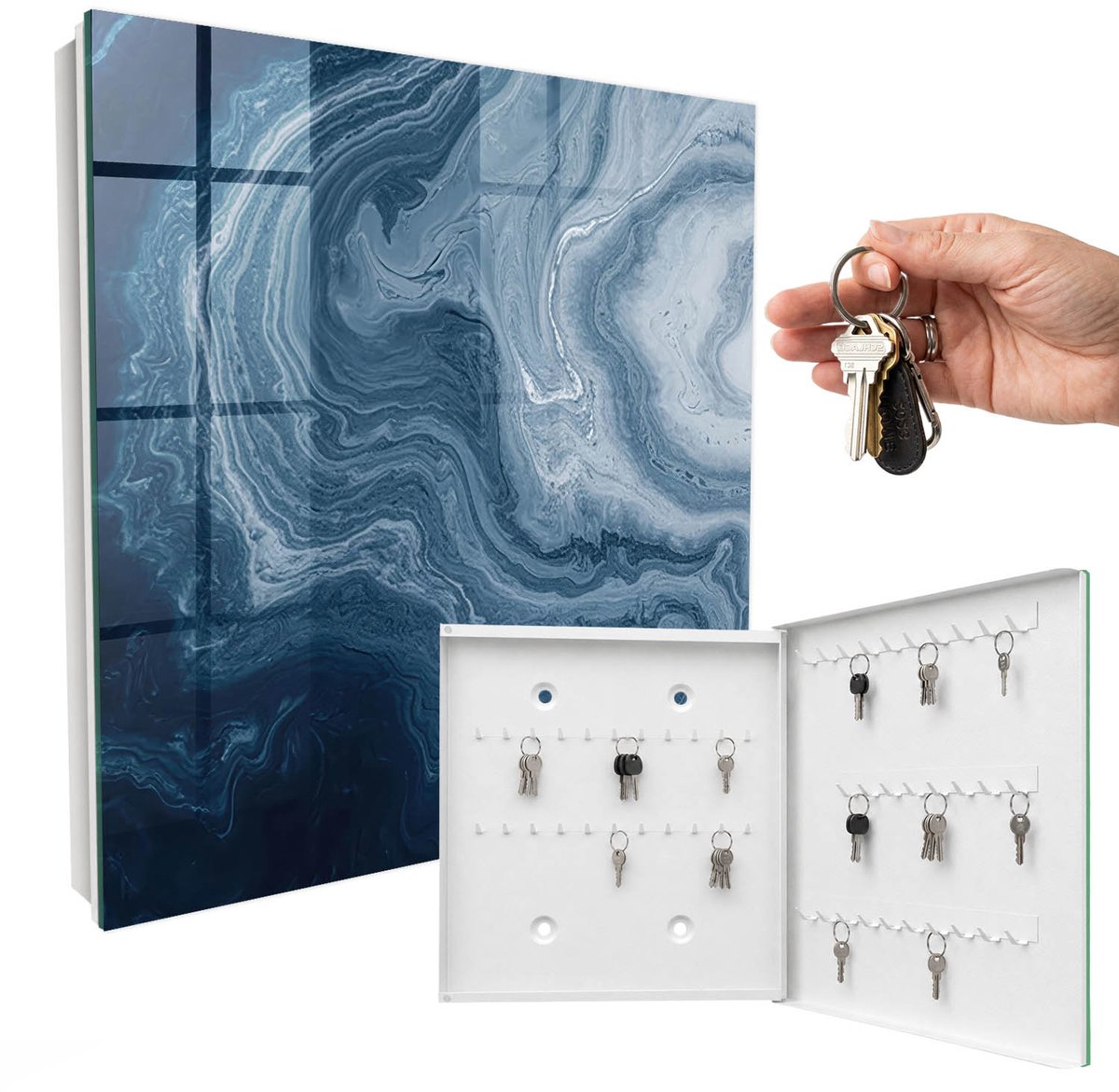 WallMuralia - Sleutelkast - 30x30x5 cm - met 50 haken - Kosmische Wervel Sleutelkastje - Marine Sleutelbox - Rechtsopenend - Wit interieur