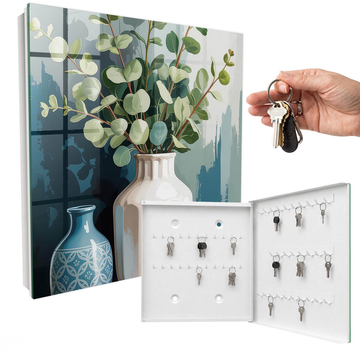 WallMuralia - Sleutelkast - 30x30x5 cm - met 50 haken - Vazen En Bladeren Sleutelkastje Binnen - Groente Sleutelbox - Rechtsopenend - Wit interieur