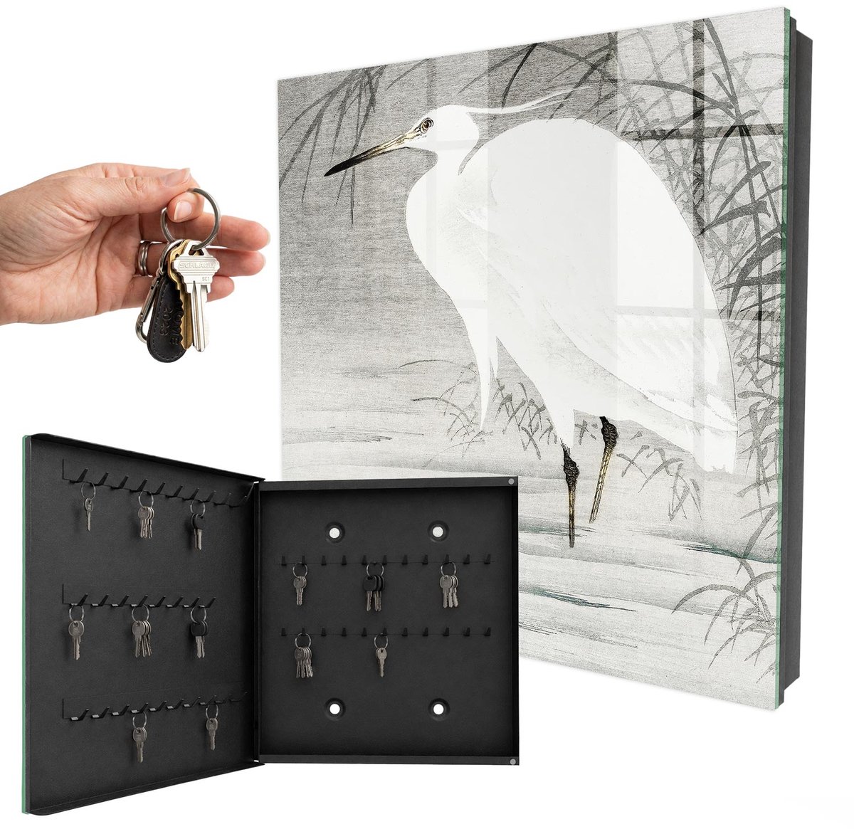 WallMuralia - Sleutelkast - 30x30x5 cm - met 50 haken - Reiger Leuk Sleutelkastje - Wit Sleutelbox - Linksopenend - Zwart interieur
