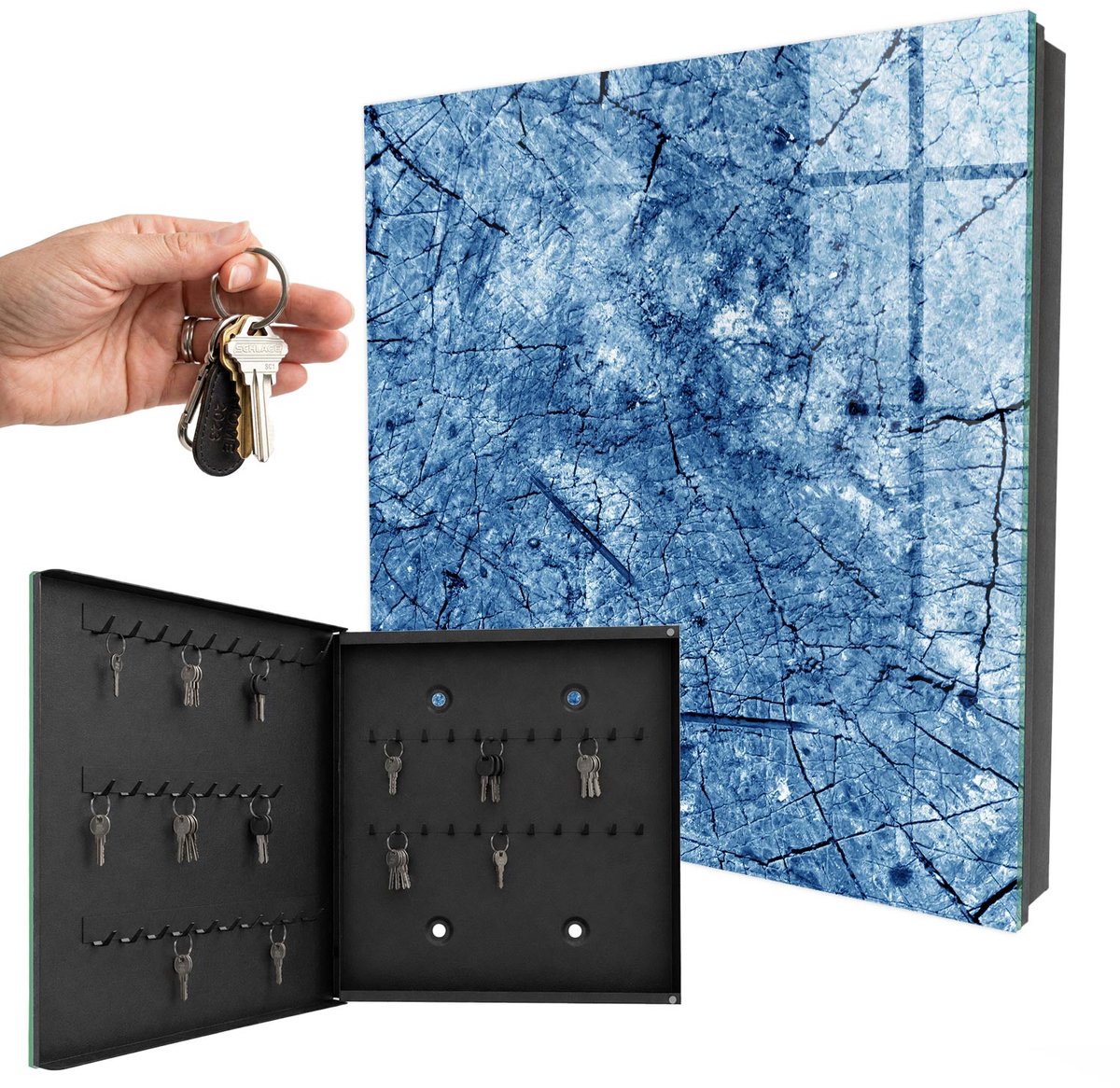 WallMuralia - Sleutelkast - 30x30x5 cm - met 50 haken - Blauwe Textuur Sleutelkastje Muur - Blauw Sleutelbox - Linksopenend - Zwart interieur