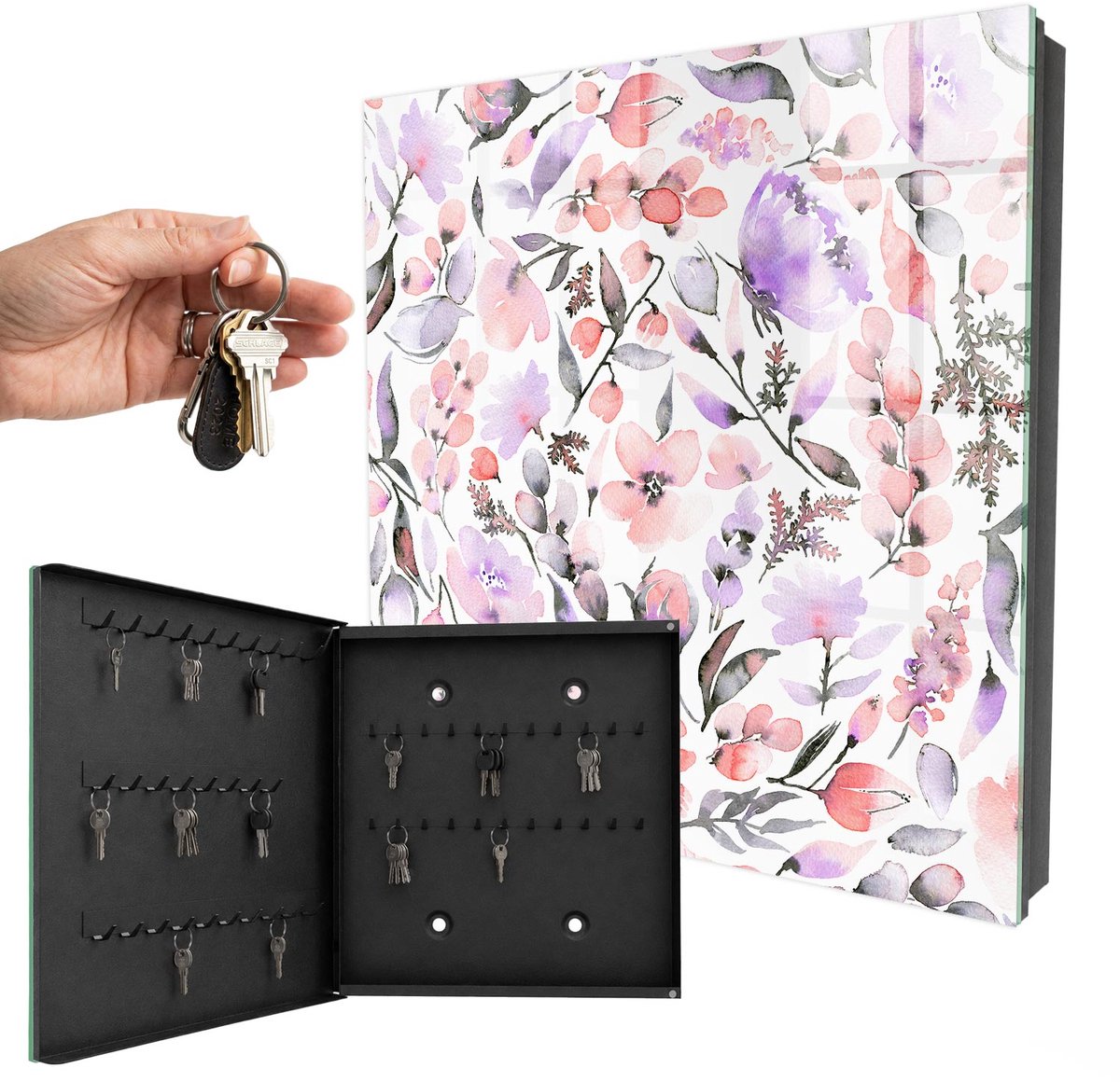 WallMuralia - Sleutelkast - 30x30x5 cm - met 50 haken - Pastelkleurige Bloemen Sleutelkastje Hal - Wit Sleutelbox - Linksopenend - Zwart interieur