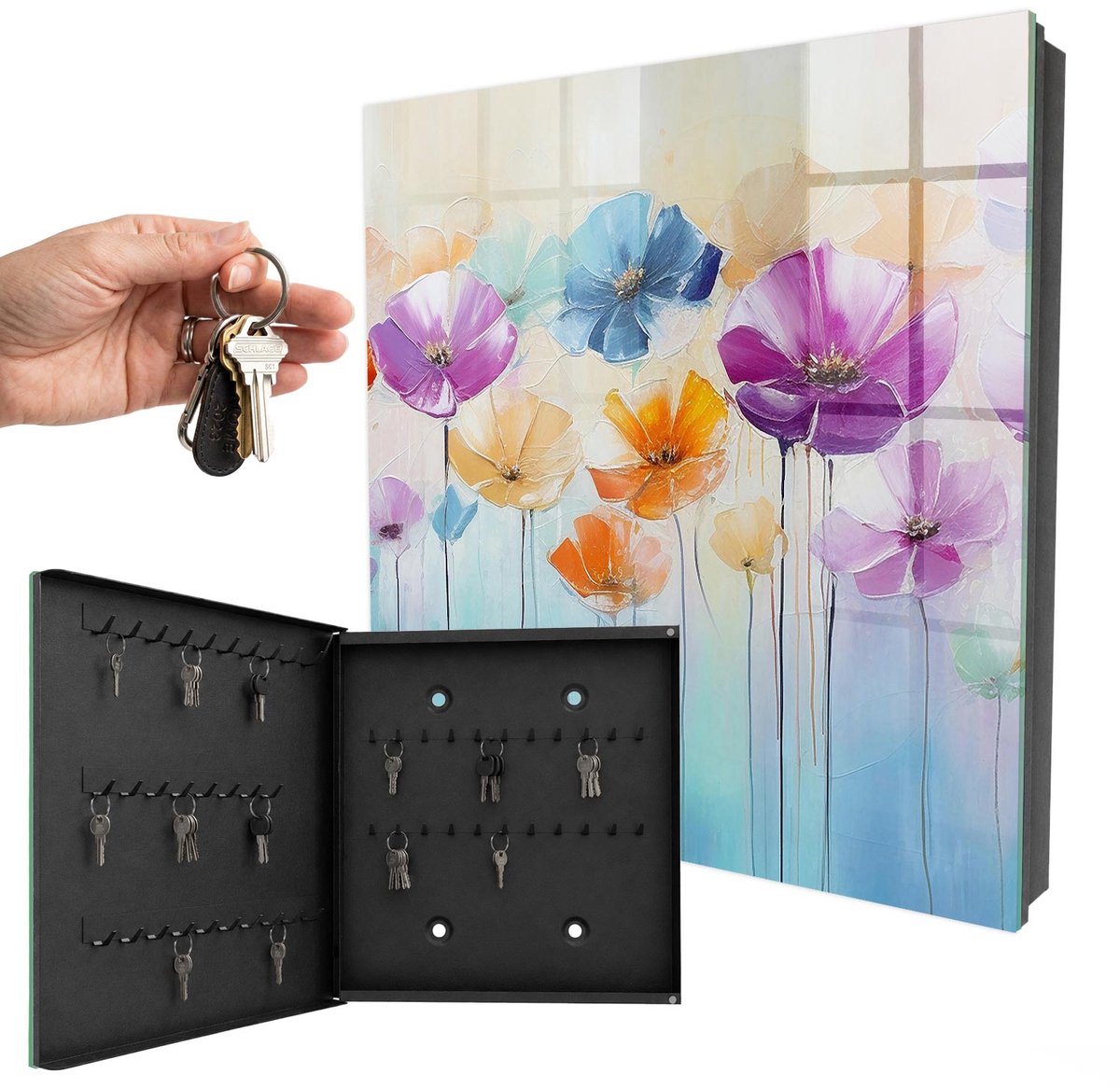 WallMuralia - Sleutelkast - 30x30x5 cm - met 50 haken - Kleurrijke Bloemen Sleutelkastje Klein - Paars Sleutelbox - Linksopenend - Zwart interieur
