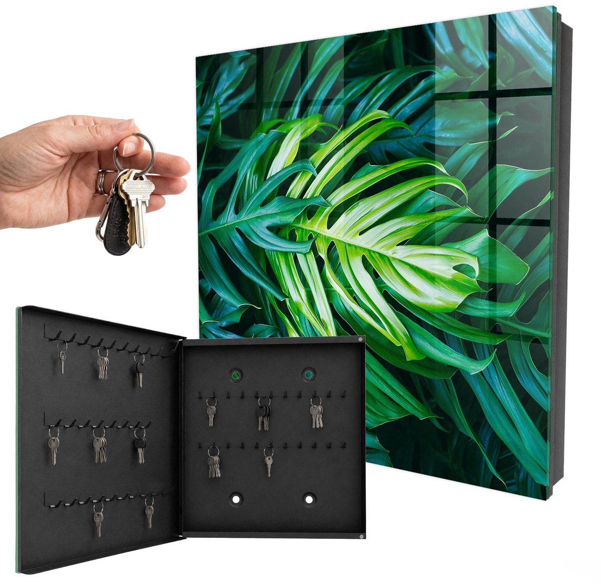 WallMuralia - Sleutelkast - 30x30x5 cm - met 50 haken - Groene Bladeren Sleutelkastje Landelijk - Groente Sleutelbox - Linksopenend - Zwart interieur