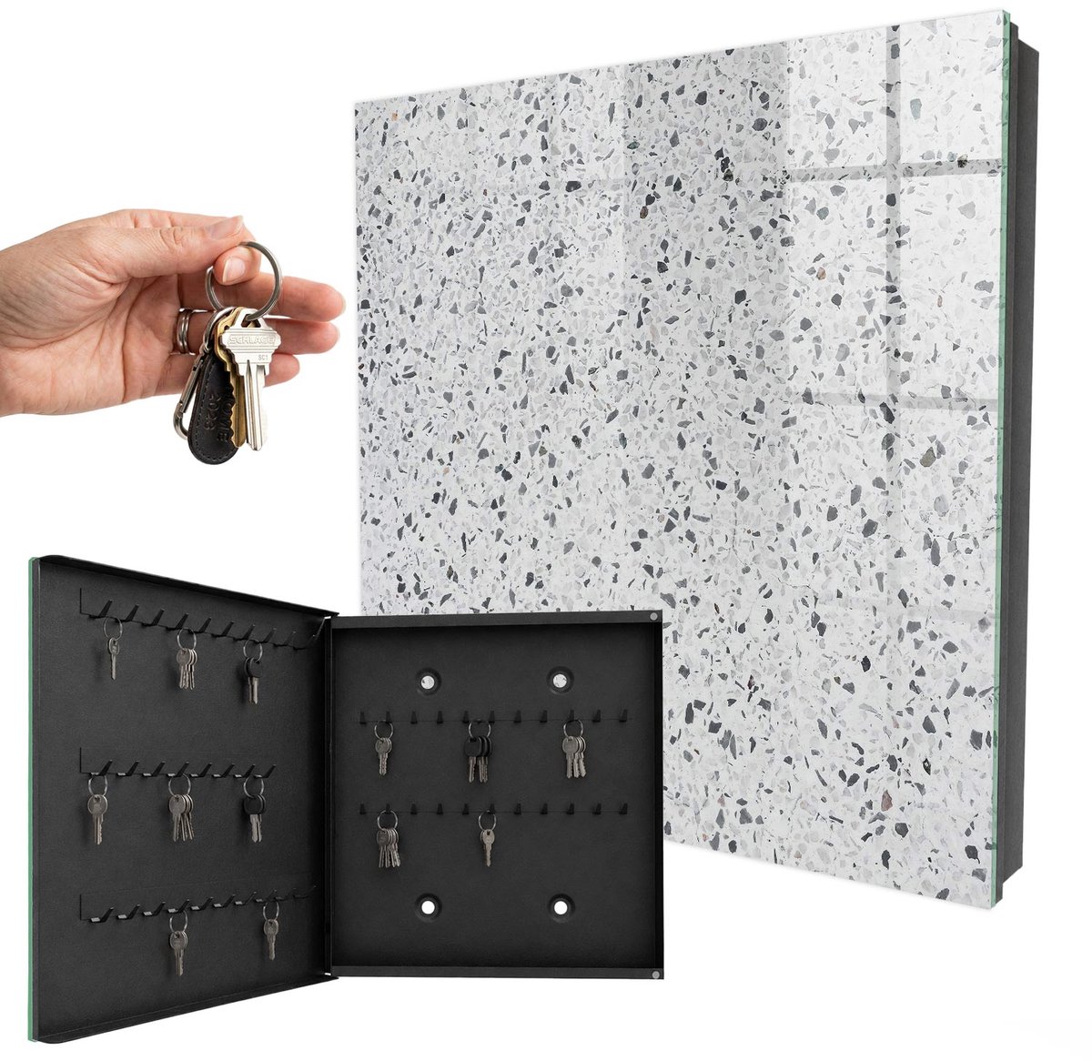 WallMuralia - Sleutelkast - 30x30x5 cm - met 50 haken - Terrazzo-Stijl Sleutelkastje Voor Binnen - Wit Sleutelbox - Linksopenend - Zwart interieur