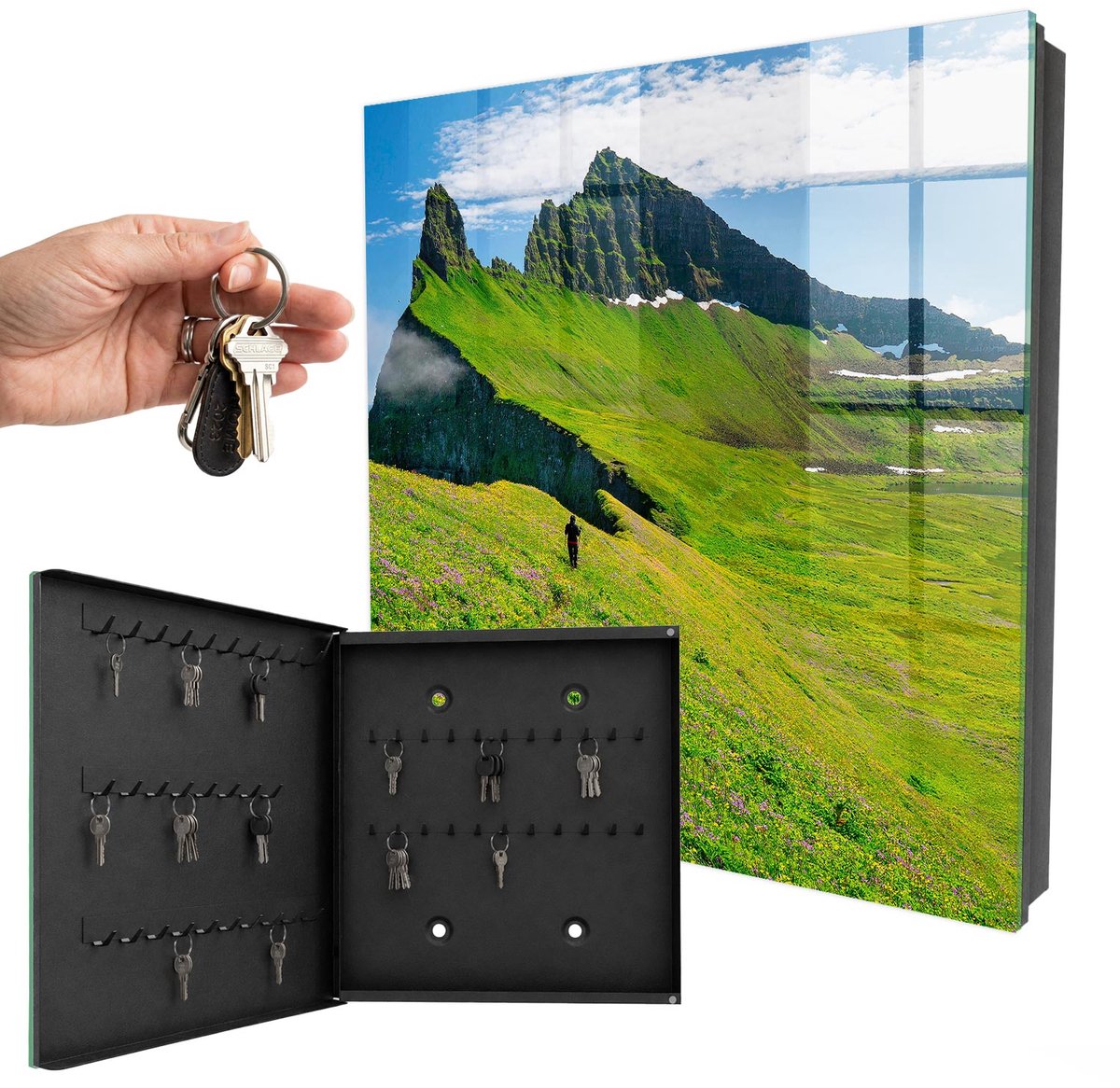 WallMuralia - Sleutelkast - 30x30x5 cm - met 50 haken - Groene Bergen Sleutelkastje Klein - Groente Sleutelbox - Linksopenend - Zwart interieur