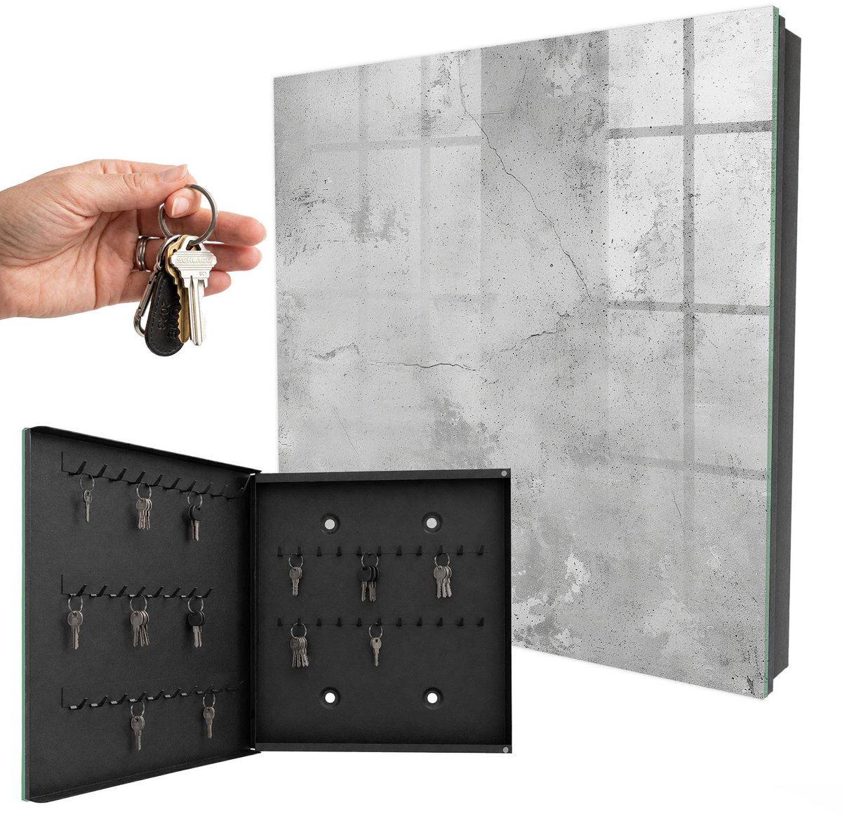 WallMuralia - Sleutelkast - 30x30x5 cm - met 50 haken - Rauwe Elegantie Design Sleutelkastje - Grijs Sleutelbox - Linksopenend - Zwart interieur