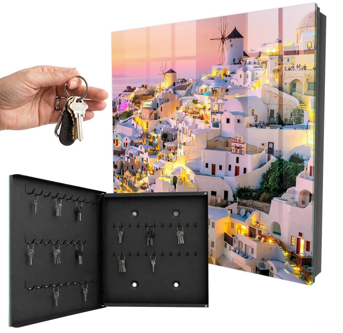 WallMuralia - Sleutelkast - 30x30x5 cm - met 50 haken - Grieks Landschap Groot Sleutelkastje - Wit Sleutelbox - Linksopenend - Zwart interieur