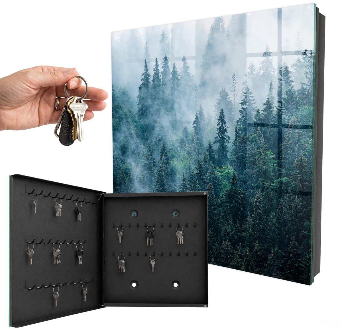 WallMuralia - Sleutelkast - 30x30x5 cm - met 50 haken - Groen Bos Leuk Sleutelkastje - Groente Sleutelbox - Linksopenend - Zwart interieur
