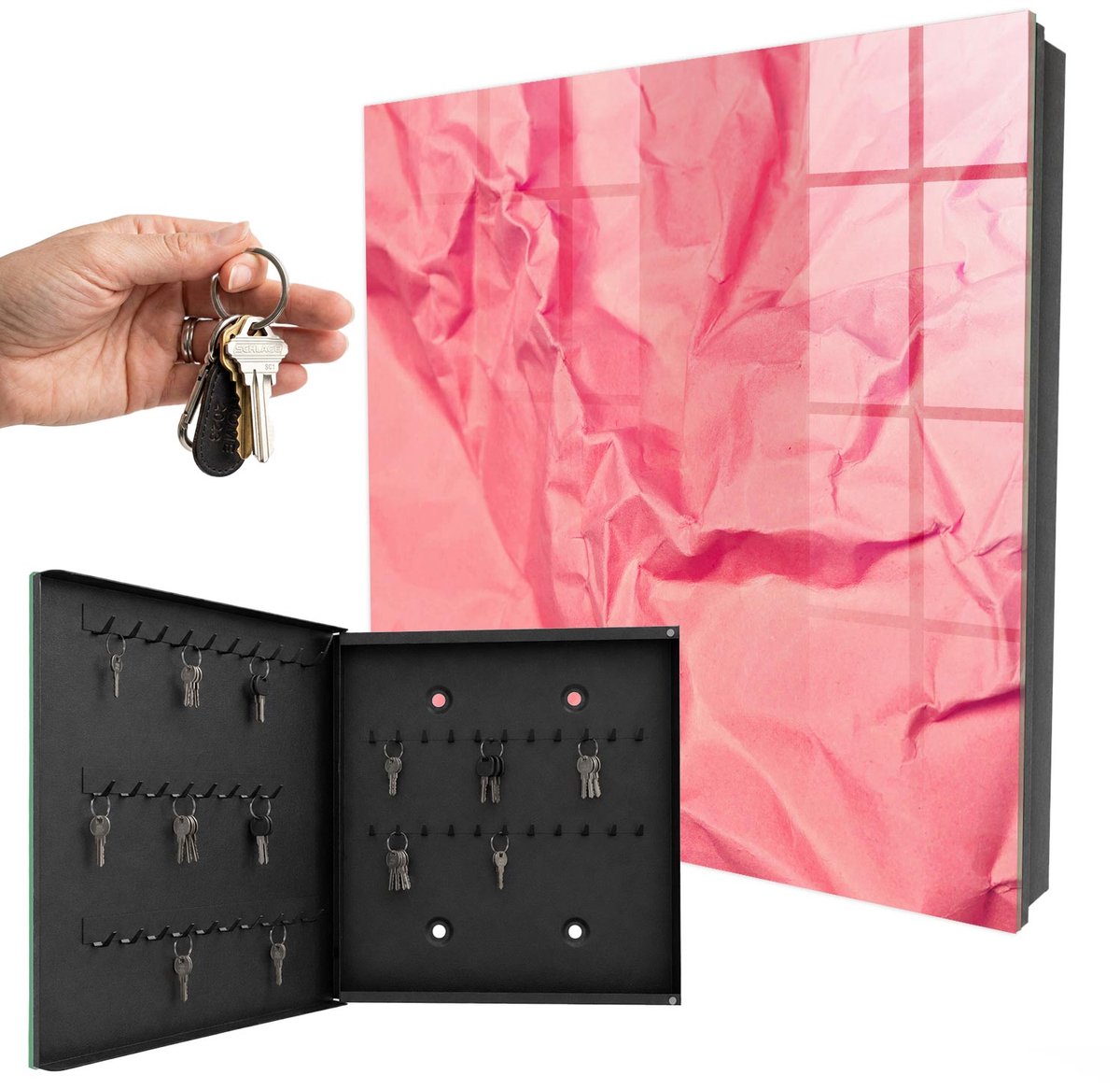 WallMuralia - Sleutelkast - 30x30x5 cm - met 50 haken - Roze Textuur Groot Sleutelkastje - Roze Sleutelbox - Linksopenend - Zwart interieur