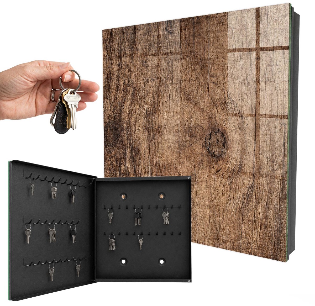 WallMuralia - Sleutelkast - 30x30x5 cm - met 50 haken - Houtstructuur Sleutelkastje Design - Bruin Sleutelbox - Linksopenend - Zwart interieur