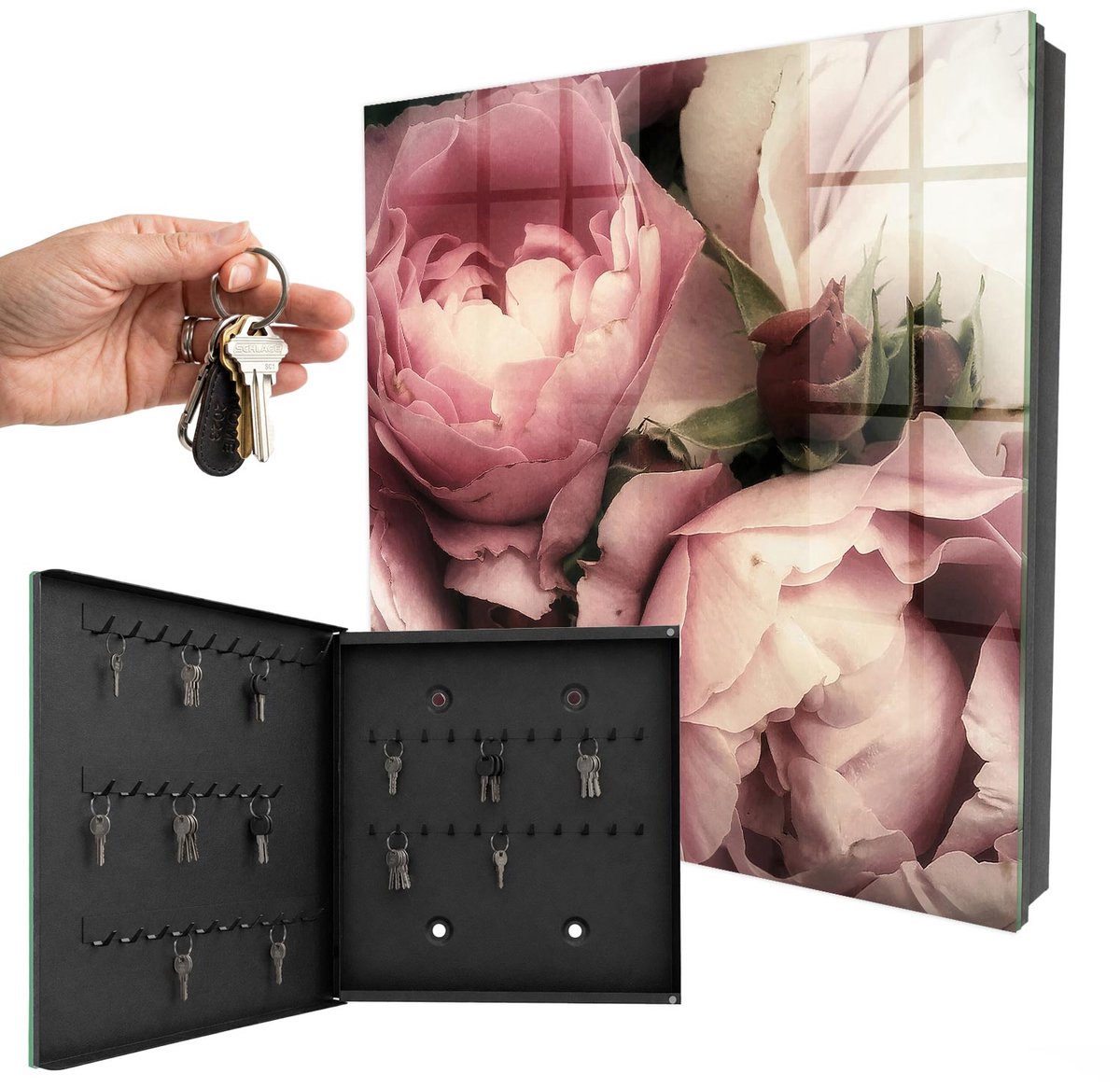 WallMuralia - Sleutelkast - 30x30x5 cm - met 50 haken - Rozen Schoonheid Sleutelkastje Design - Roze Sleutelbox - Linksopenend - Zwart interieur