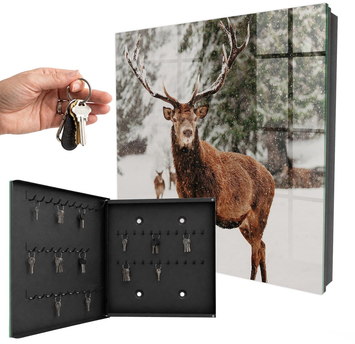 WallMuralia - Sleutelkast - 30x30x5 cm - met 50 haken - Winterhert Sleutelkastje Gang - Bruin Sleutelbox - Linksopenend - Zwart interieur